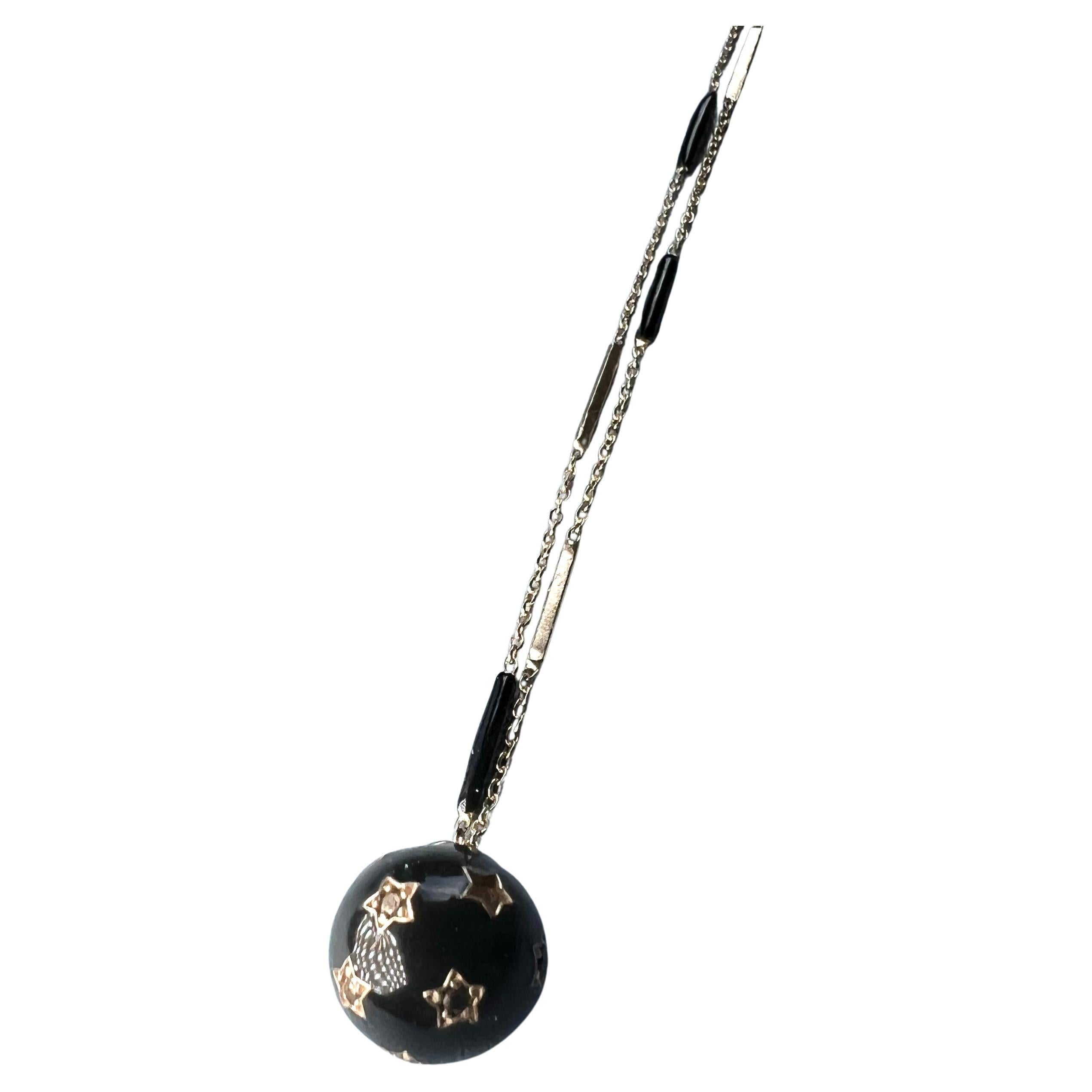 Long Chain Necklace Black Diamond White Diamond Star Ball Black Enamel