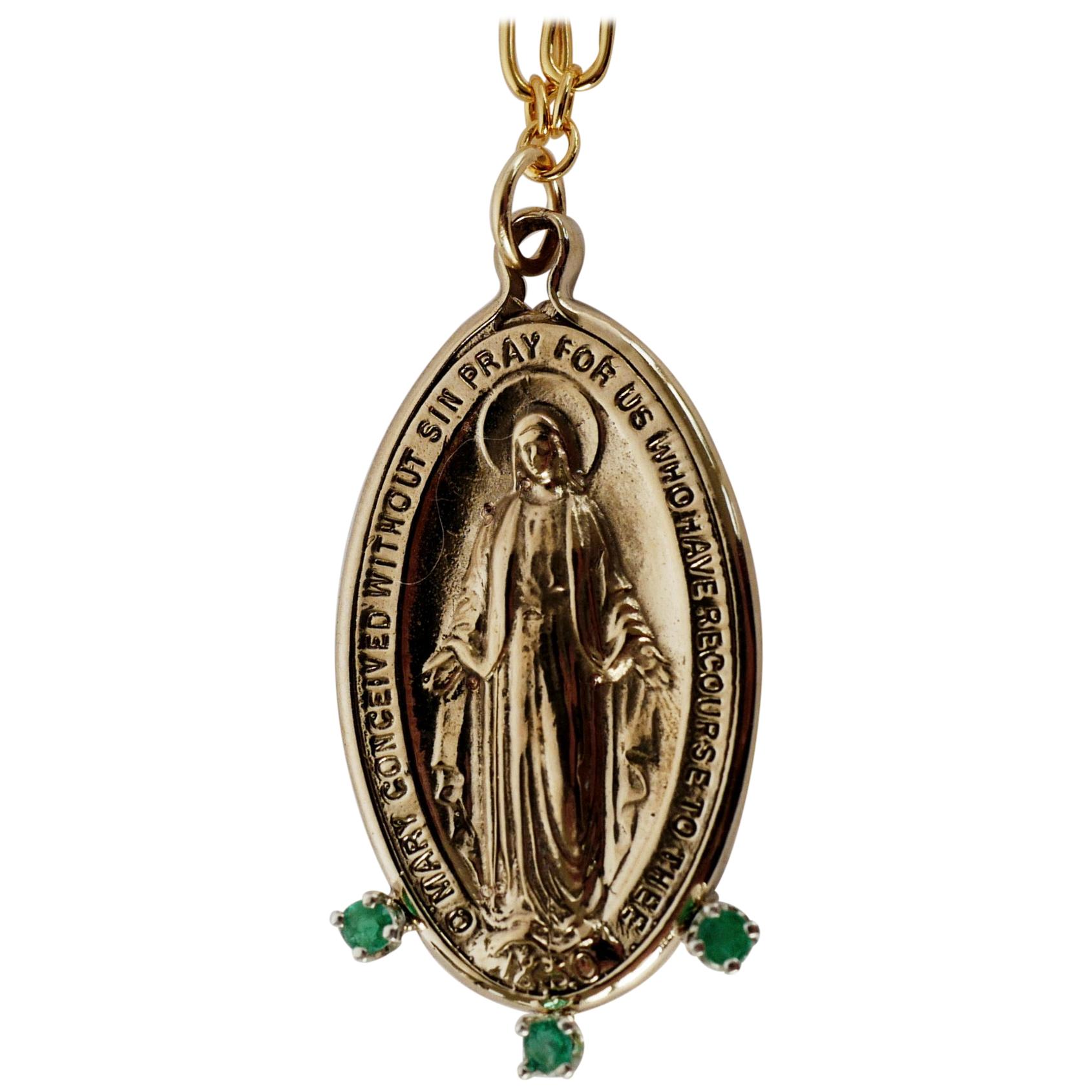 Chaîne longue collier médaille de la Vierge Marie en émeraude et bronze J Dauphin rempli