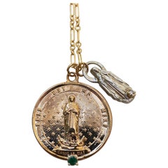 Lange Kette Halskette Medaillons Silber Bronze Jungfrau Maria Smaragd Weißer Diamant