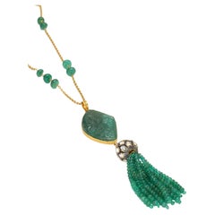 Long Chain Necklace with a Hand Carved Emerald and Emerald Beads Tassel in Gold