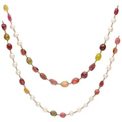 Long Chain Necklace with Pearls and Multi-Color Tormaline Beads in 18K Gold Wire