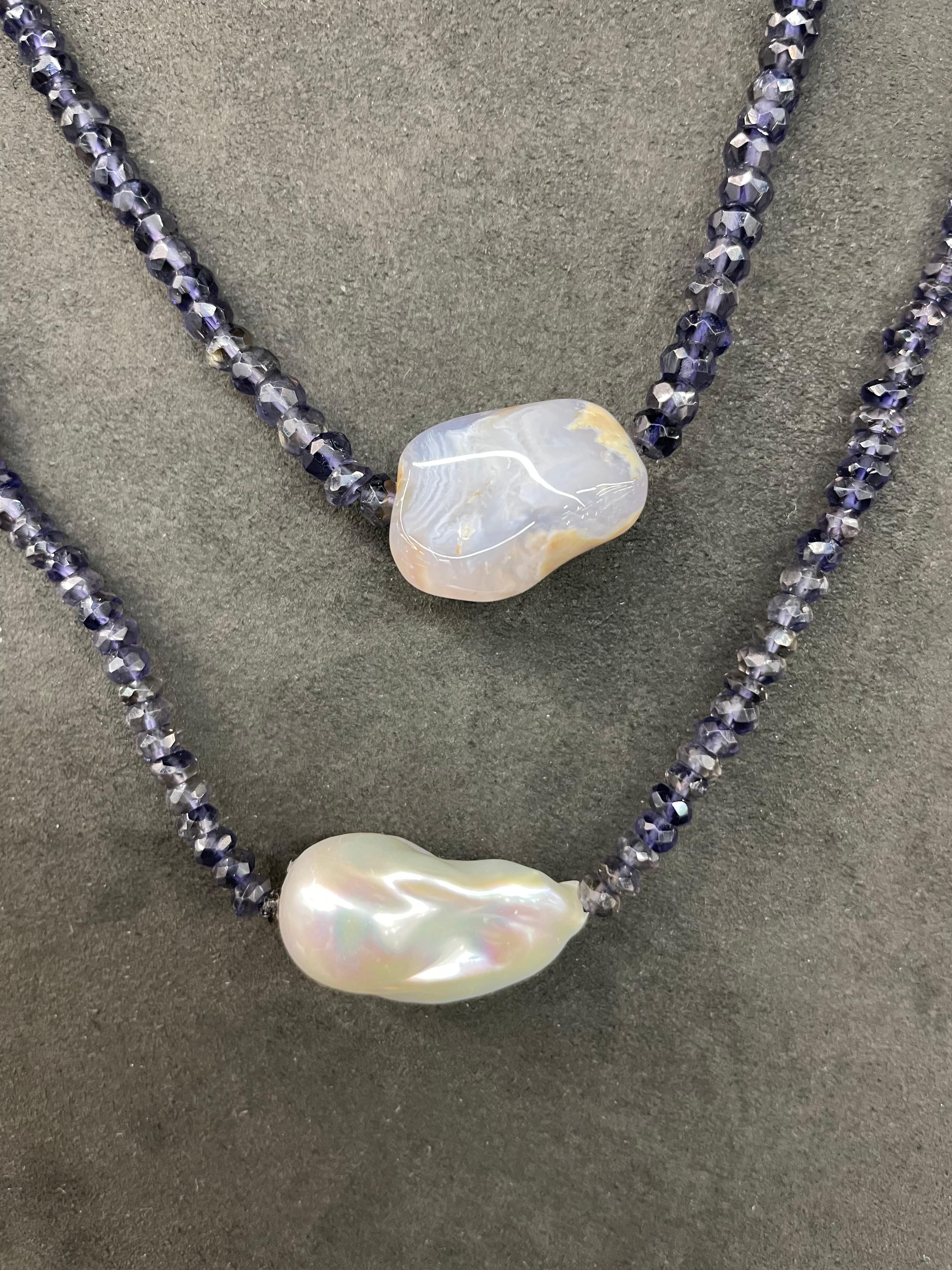 Long Chalcedony Iolite Baroque Pearl Necklace 46 Inches In New Condition For Sale In New York, NY