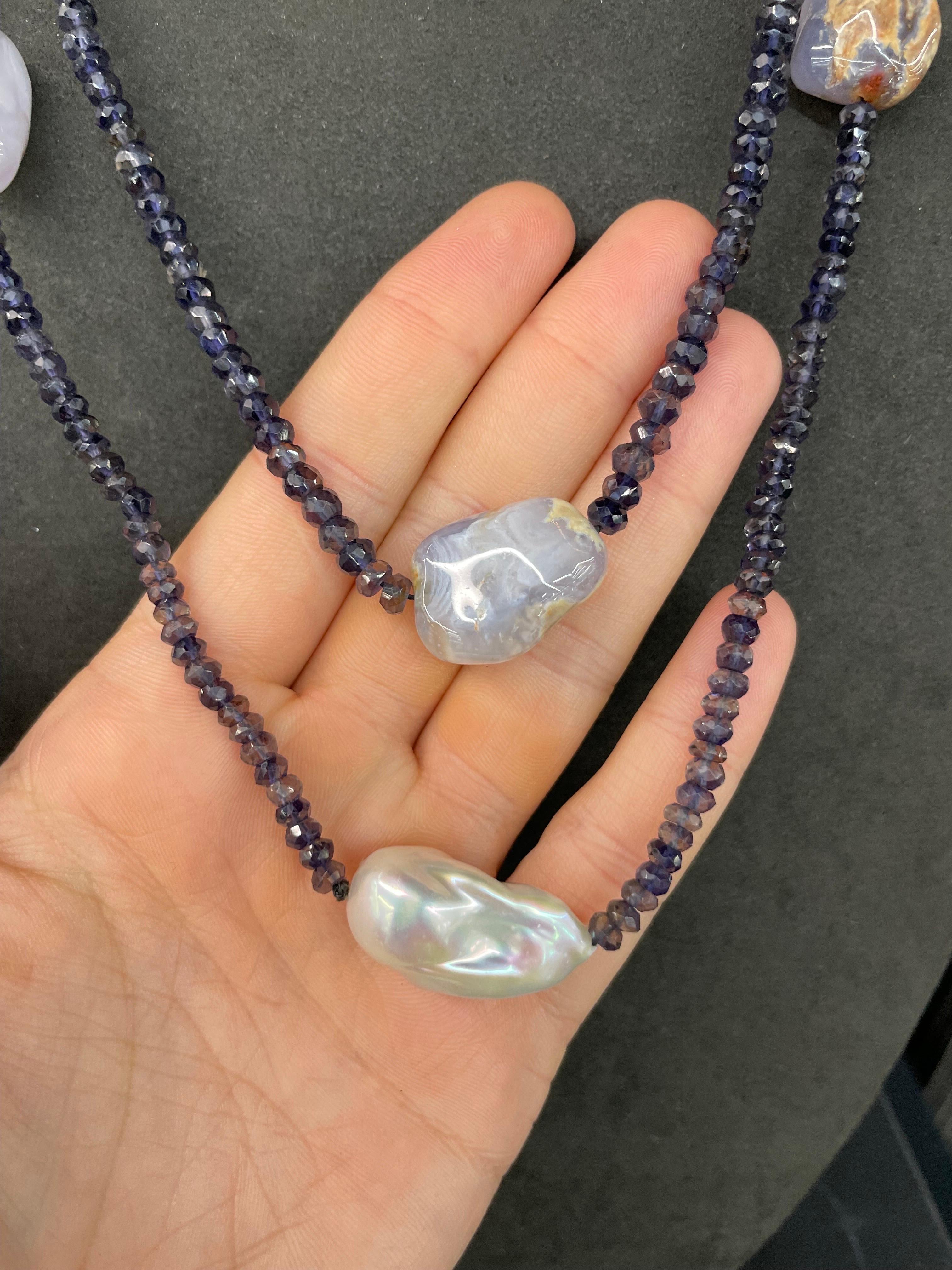 Long Chalcedony Iolite Baroque Pearl Necklace 46 Inches For Sale 1