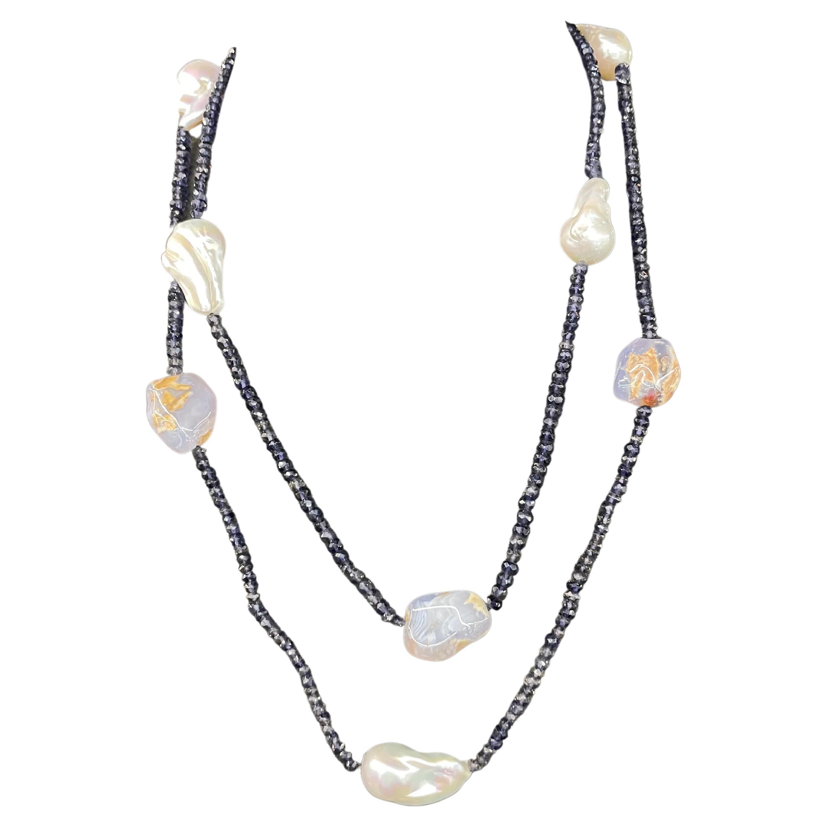 Long Chalcedony Iolite Baroque Pearl Necklace 46 Inches For Sale