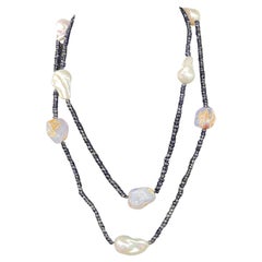 Long Chalcedony Iolite Baroque Pearl Necklace 46 Inches