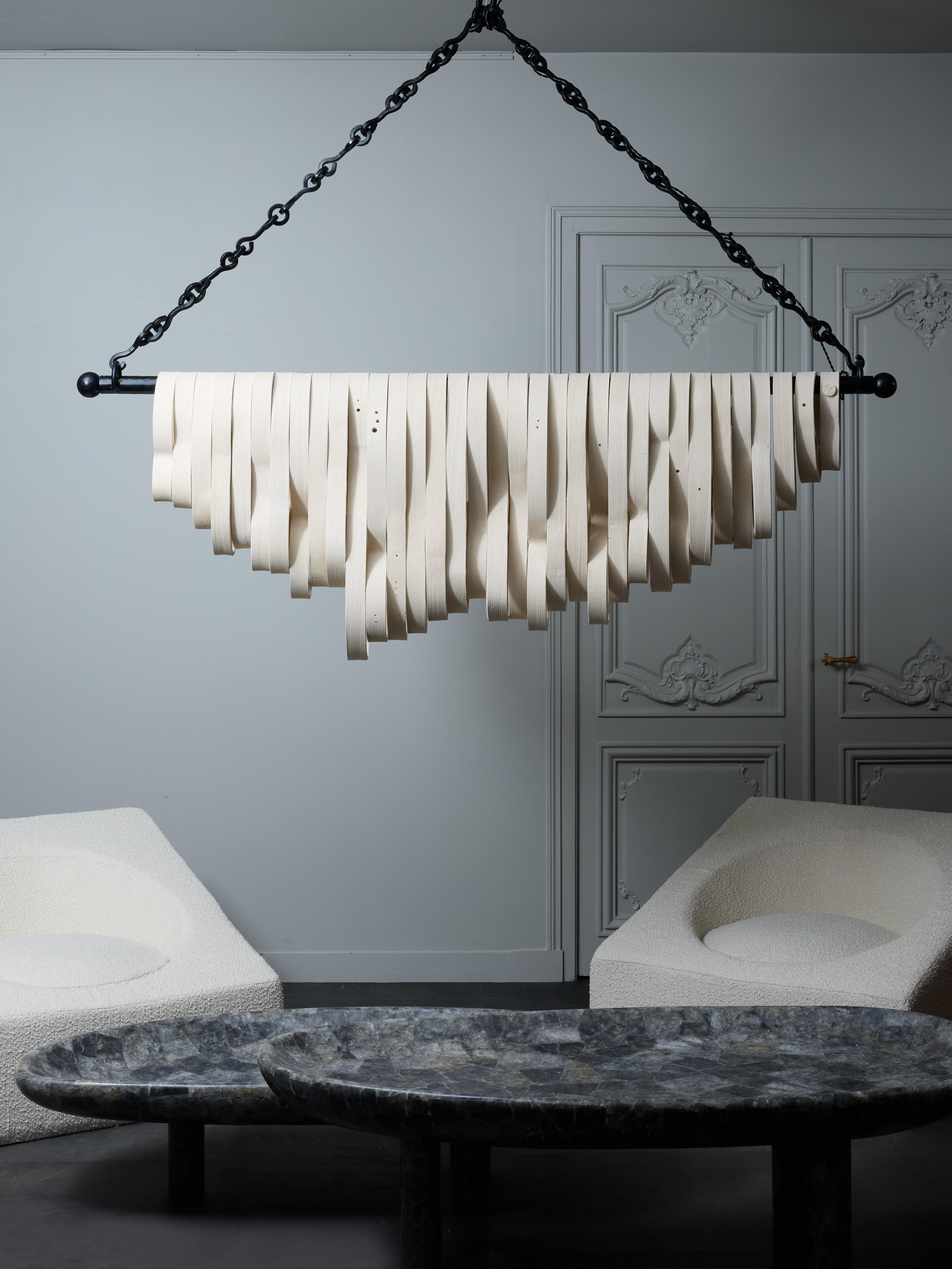 Modern Long Chandelier in Iron and Ceramic by Olivia Cognet For Sale