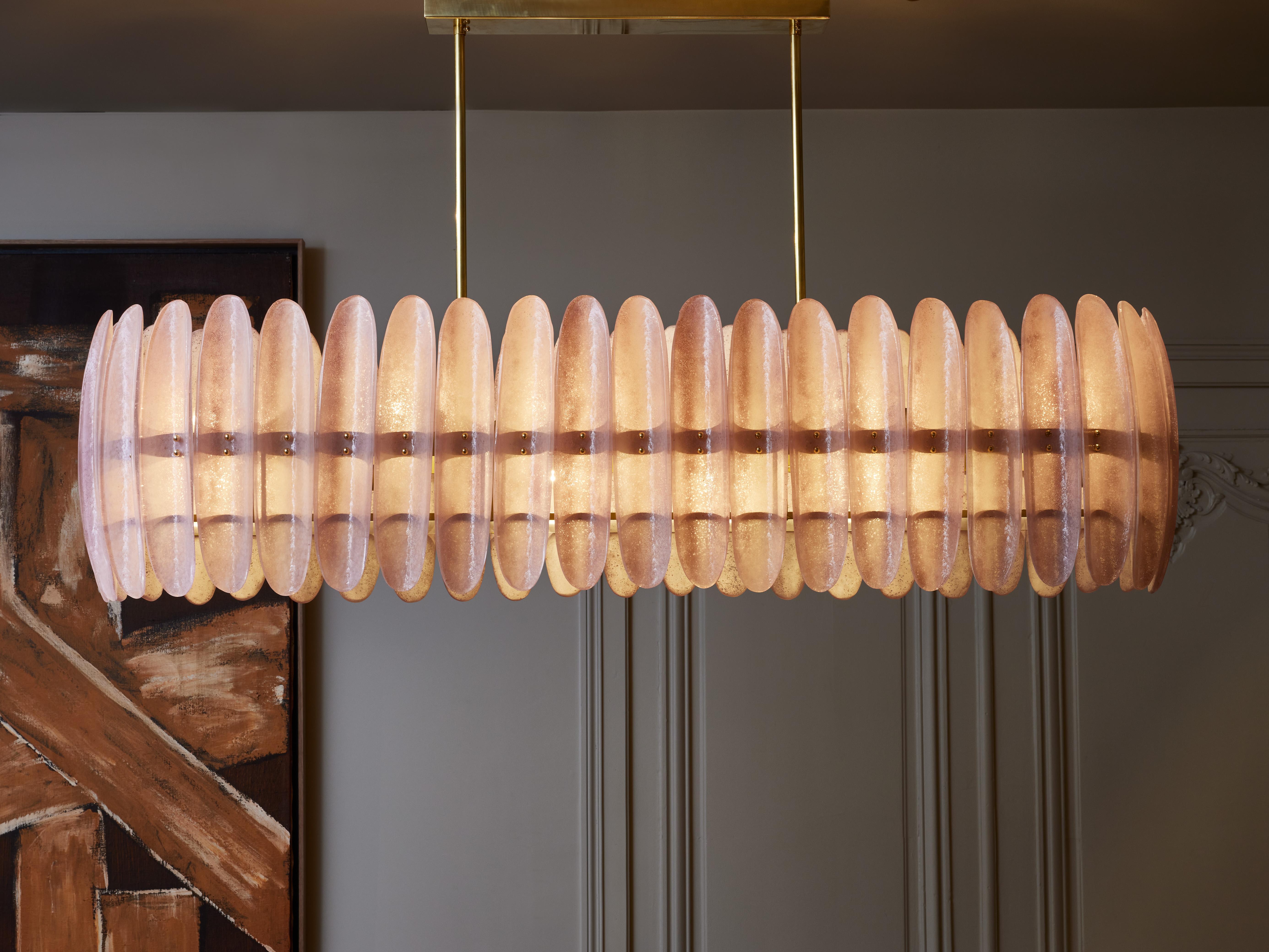 Modern Long Chandelier With Pink Curved Murano Glass Panels For Sale