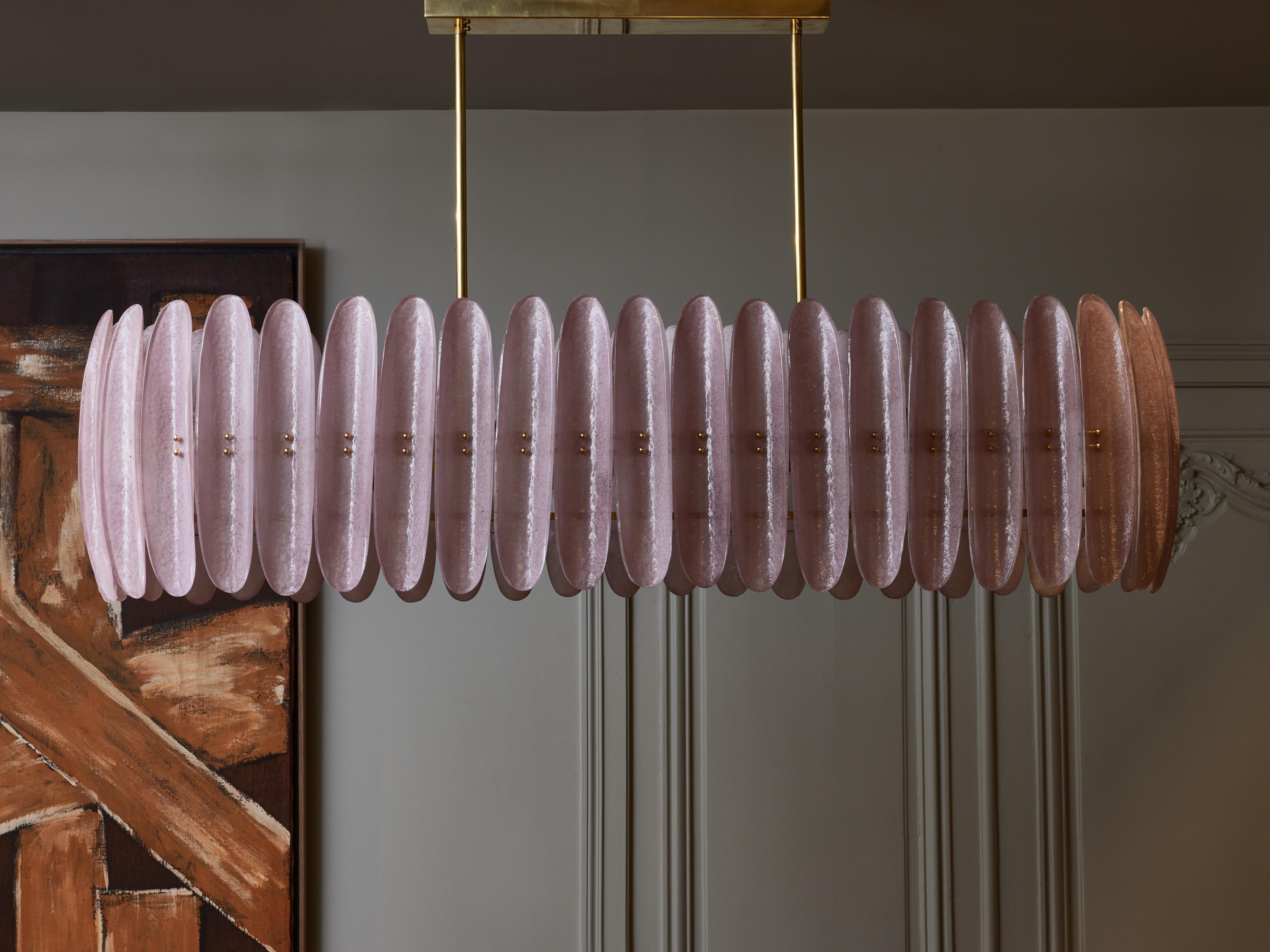 Italian Long Chandelier With Pink Curved Murano Glass Panels For Sale