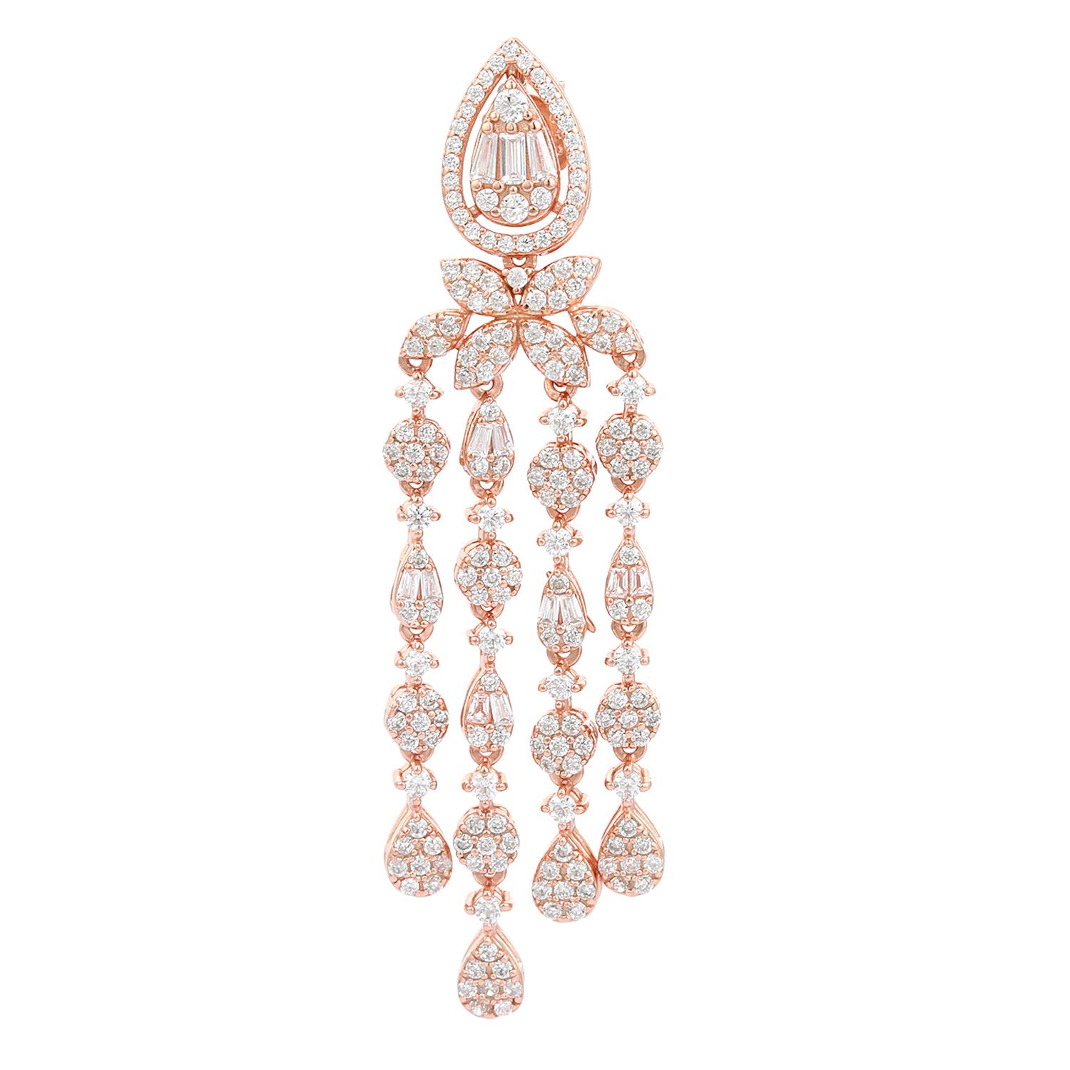 Art Deco Long Chandelier Zirconia Earrings Gift for Wife in 925 Silver Rose Gold Plated For Sale