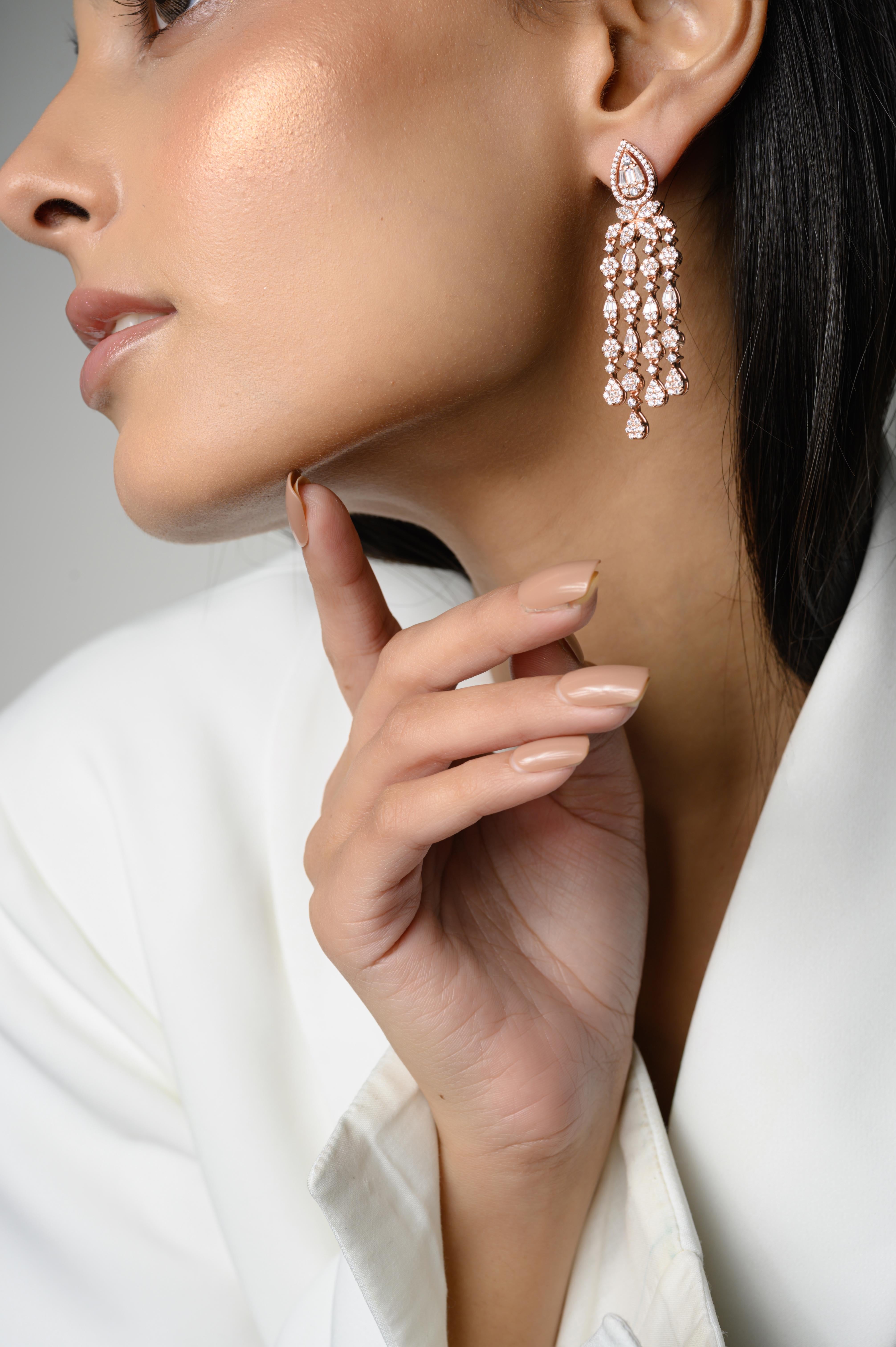 Mixed Cut Long Chandelier Zirconia Earrings Gift for Wife in 925 Silver Rose Gold Plated For Sale