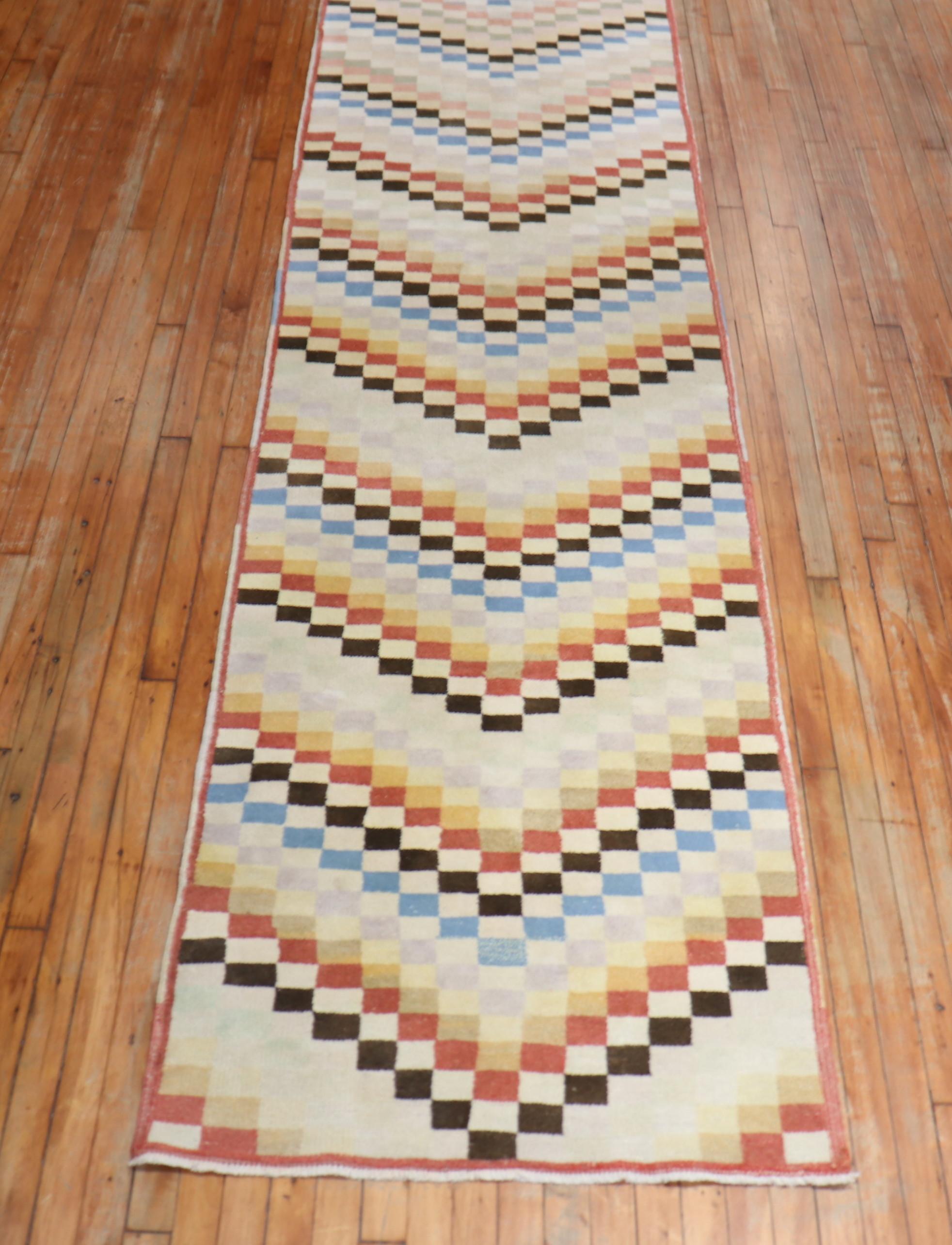Hand-Woven Long Checkerboard Vintage Turkish Deco Runner For Sale