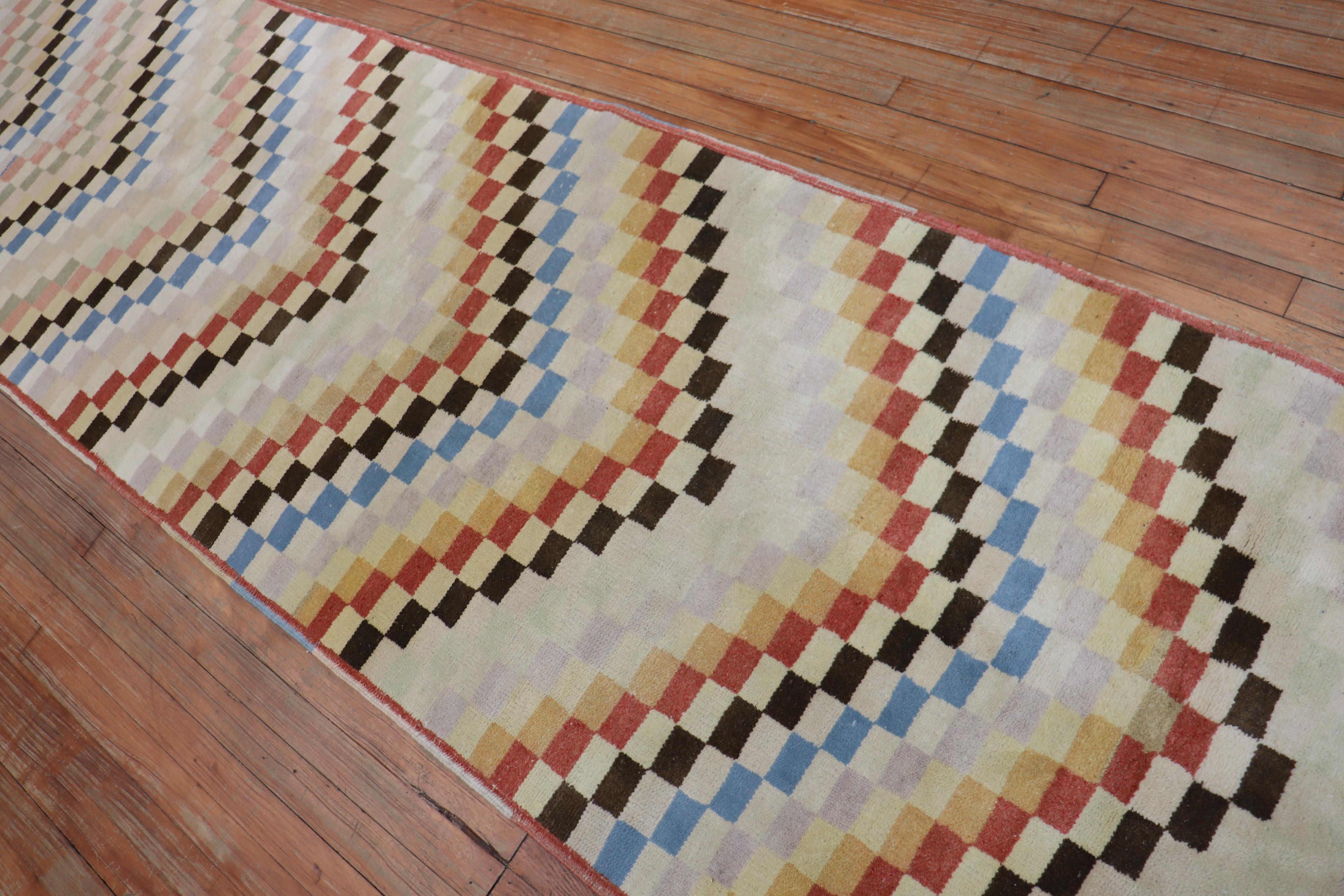 Long Checkerboard Vintage Turkish Deco Runner For Sale 1