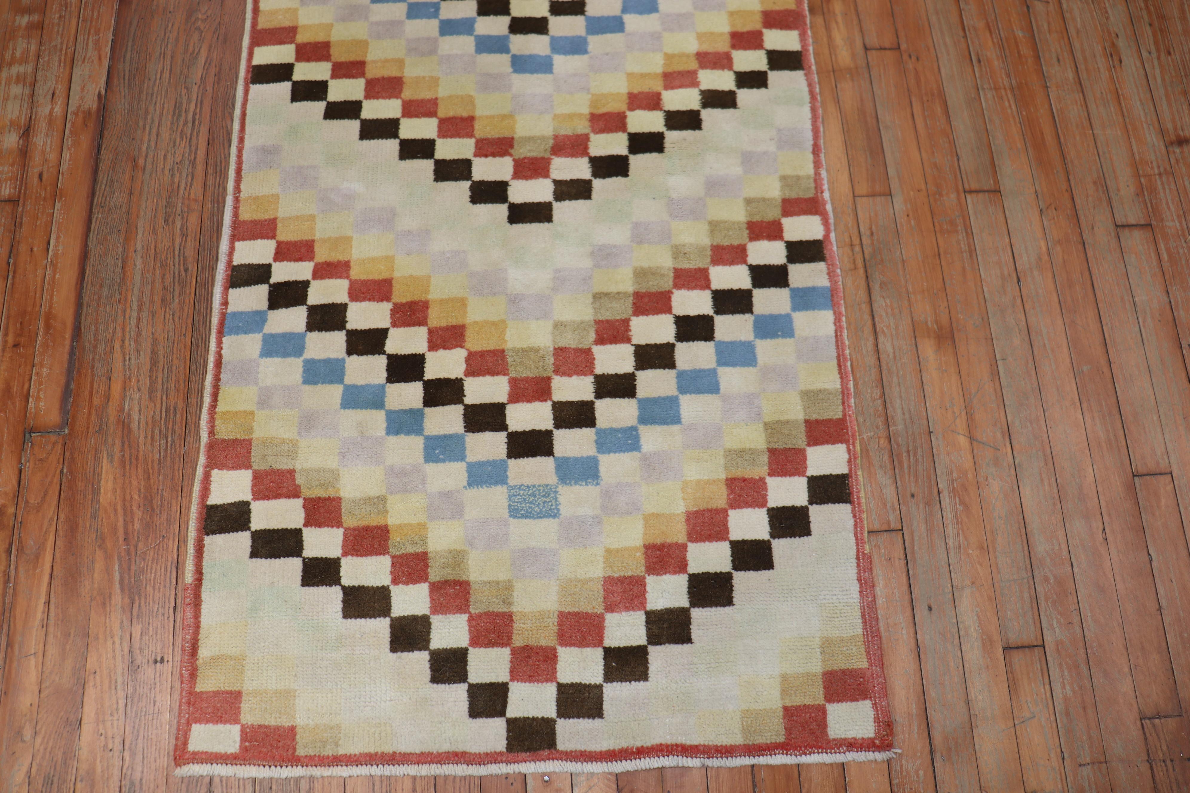 Long Checkerboard Vintage Turkish Deco Runner For Sale 2