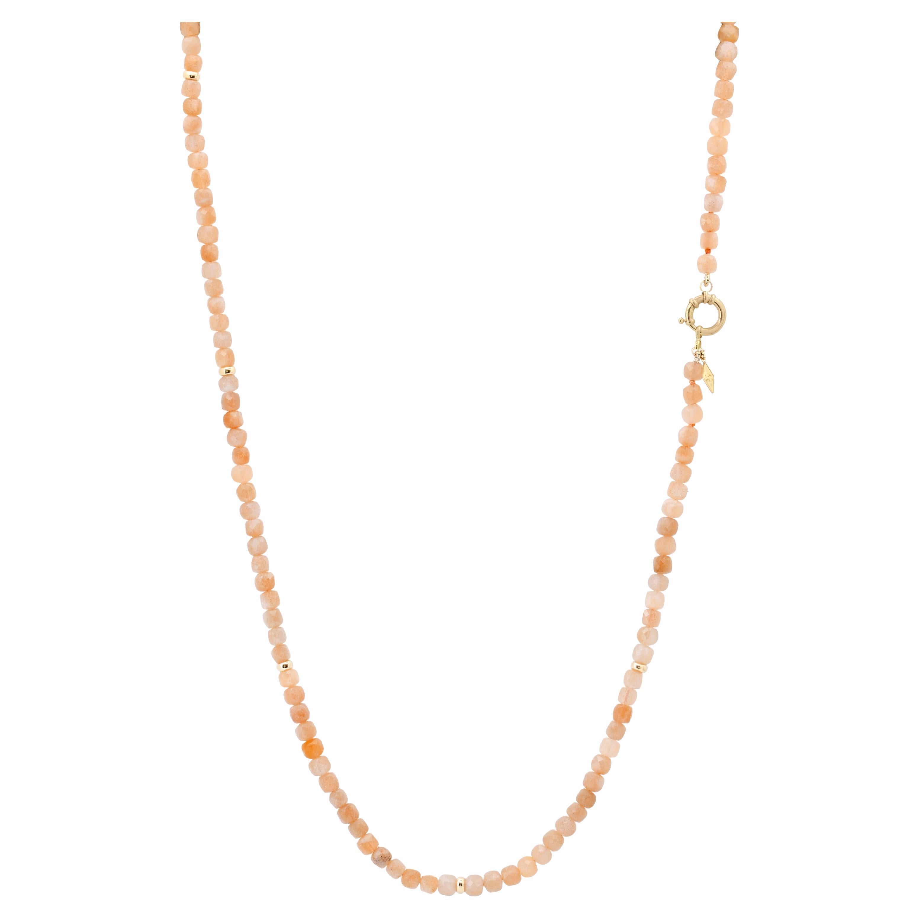 Long Chunky Knotted Gemstone Necklace: Peach Moonstone