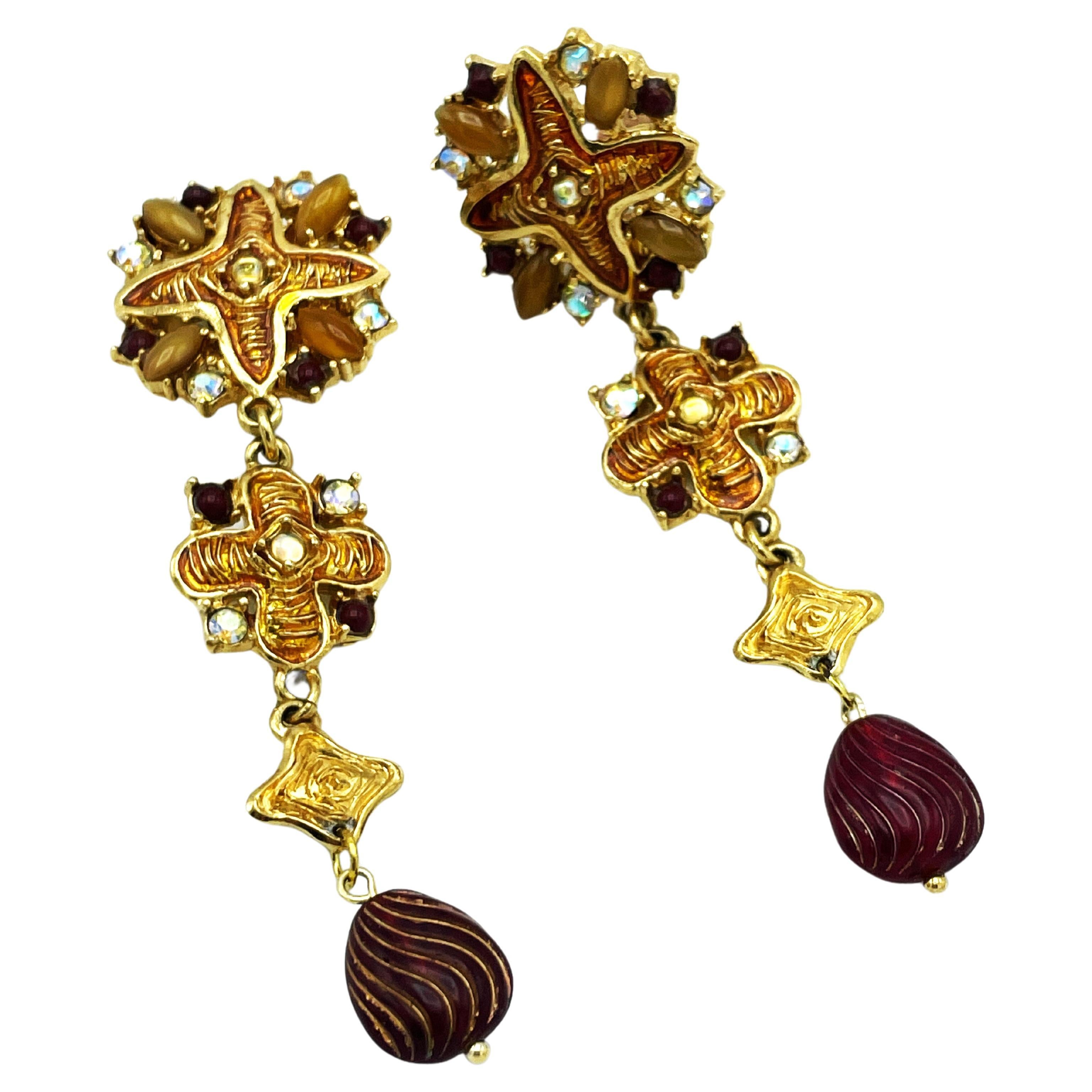 Artisan Long Cip-on earring by Micris Paris, rhinestons, gold plated, 1990's