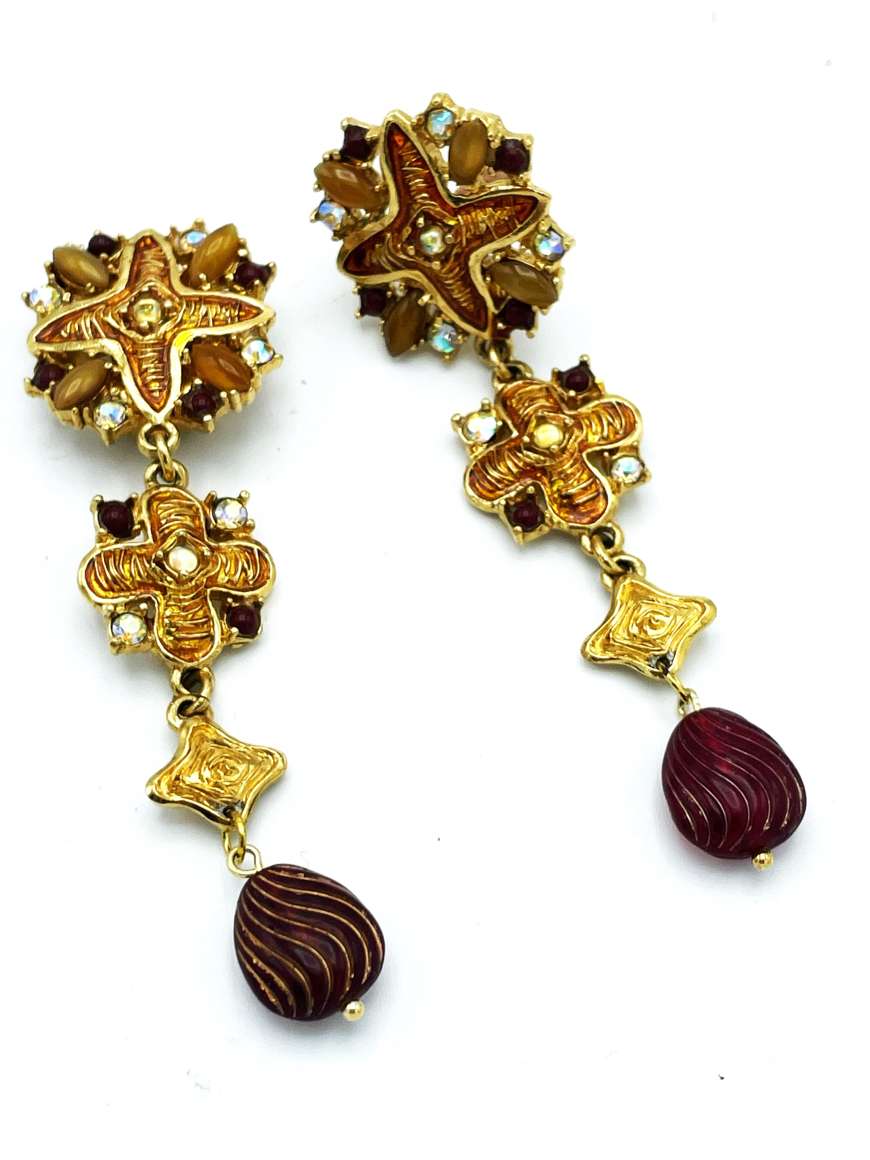 Long Cip-on earring by Micris Paris, rhinestons, gold plated, 1990's In Excellent Condition In Stuttgart, DE