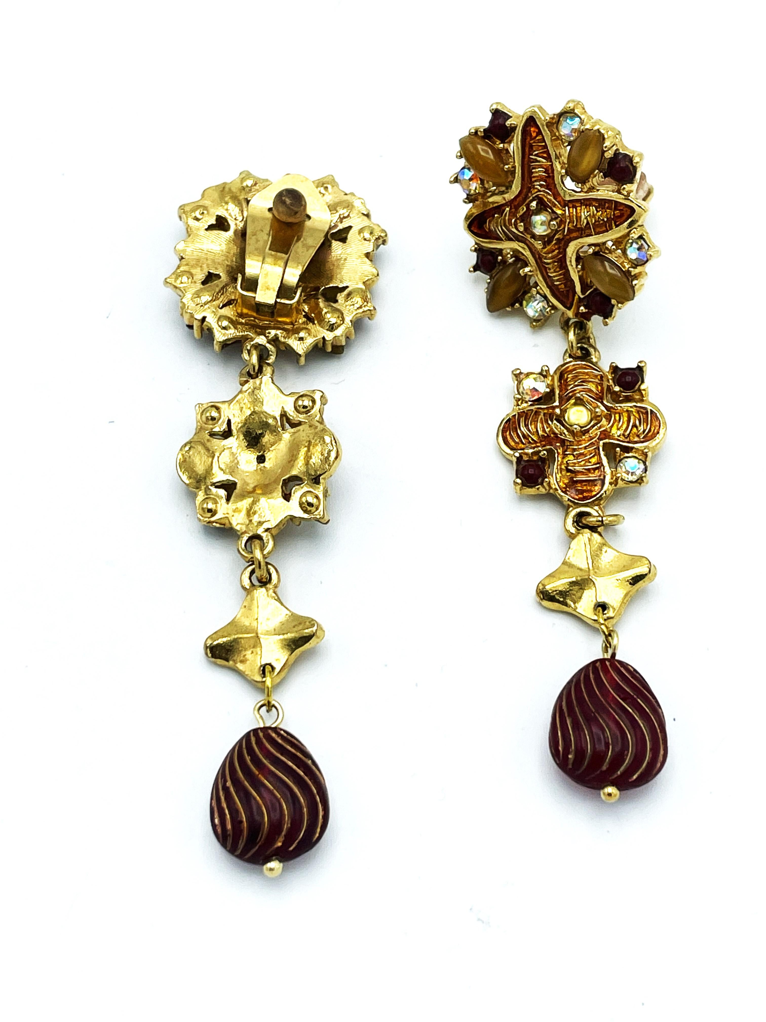 Women's Long Cip-on earring by Micris Paris, rhinestons, gold plated, 1990's