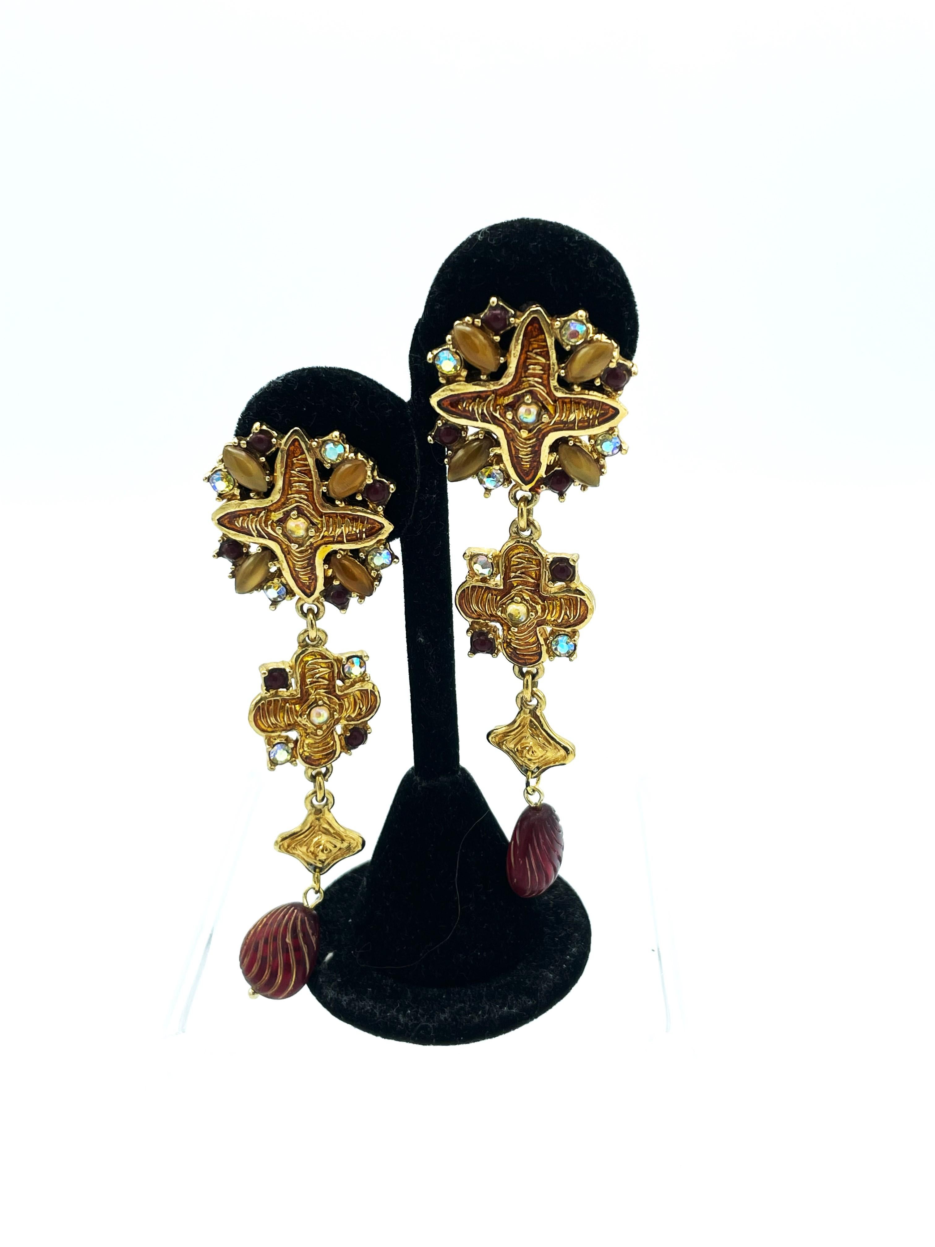 Long Cip-on earring by Micris Paris, rhinestons, gold plated, 1990's 2