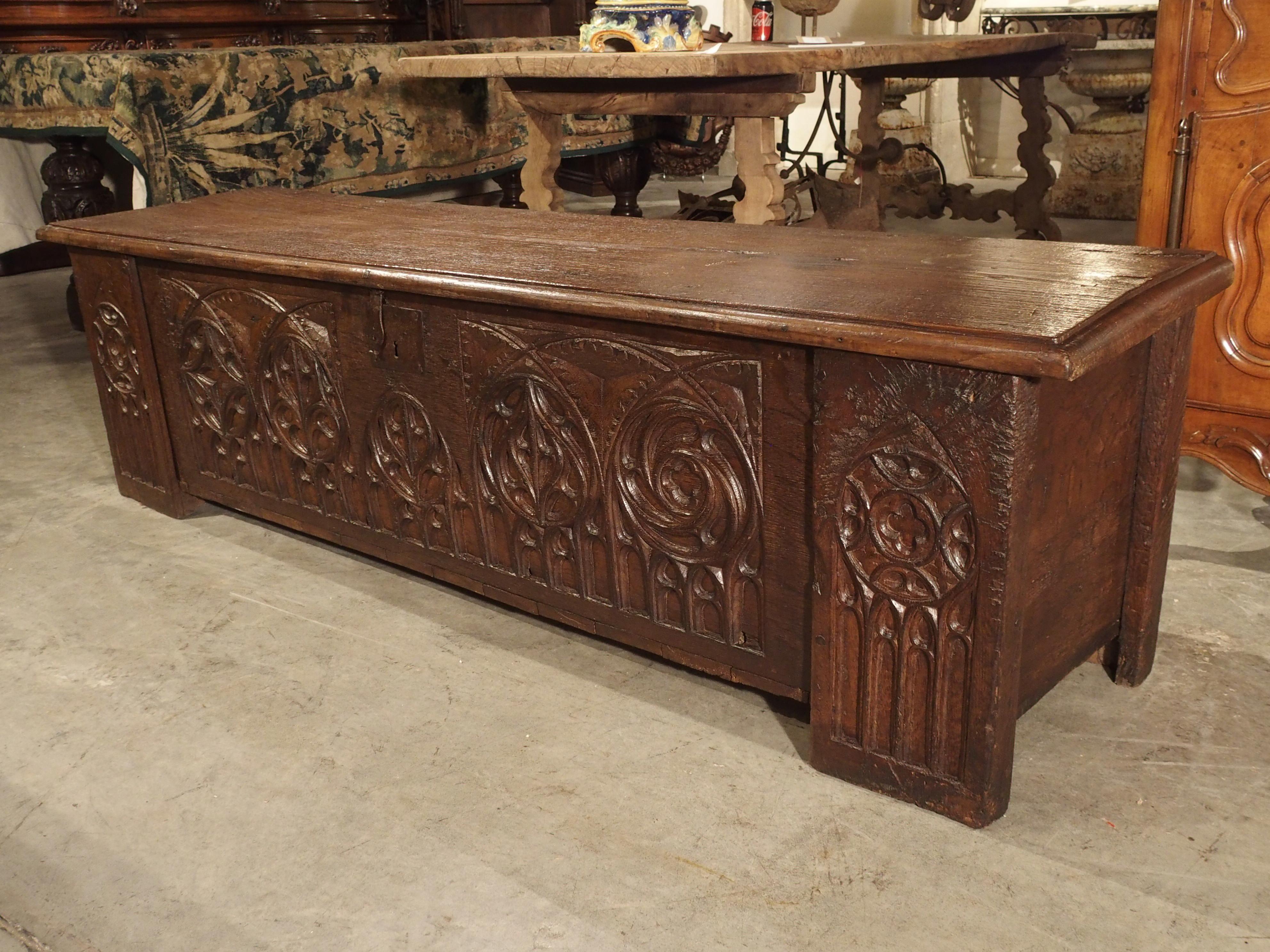 Long circa 1800 Gothic Style Oak Board Trunk from France For Sale 3