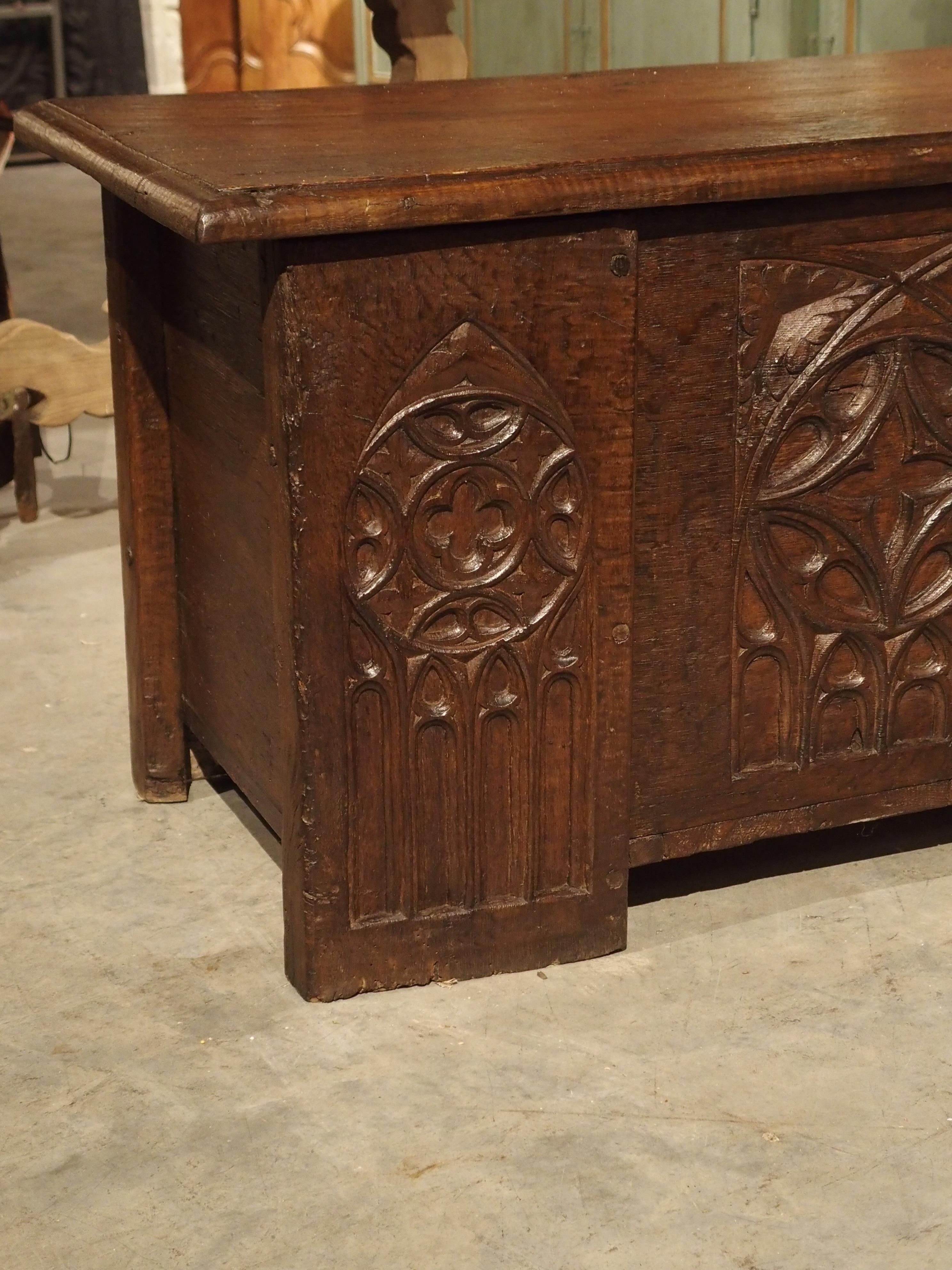 Long circa 1800 Gothic Style Oak Board Trunk from France For Sale 5