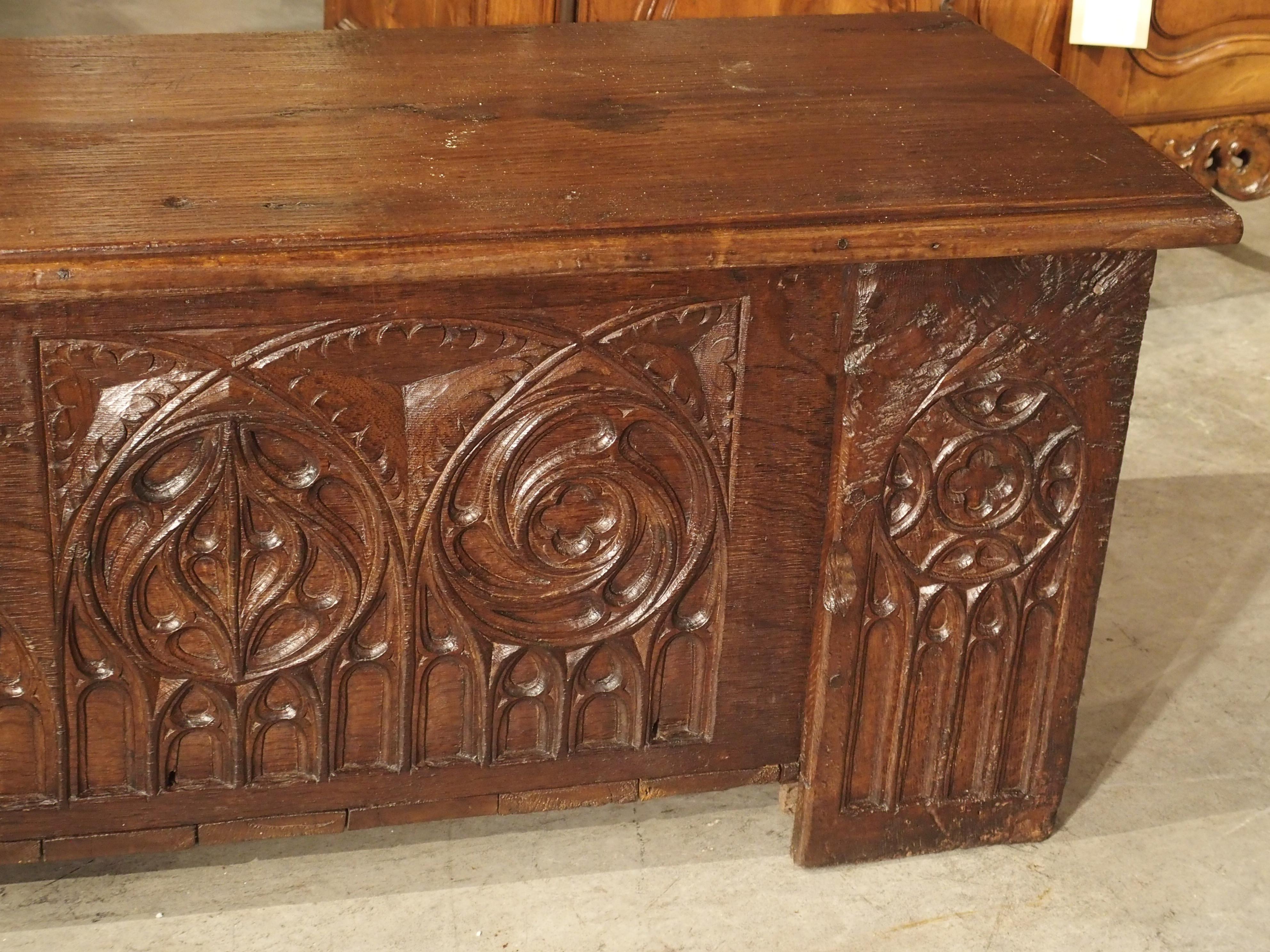 Long circa 1800 Gothic Style Oak Board Trunk from France For Sale 7