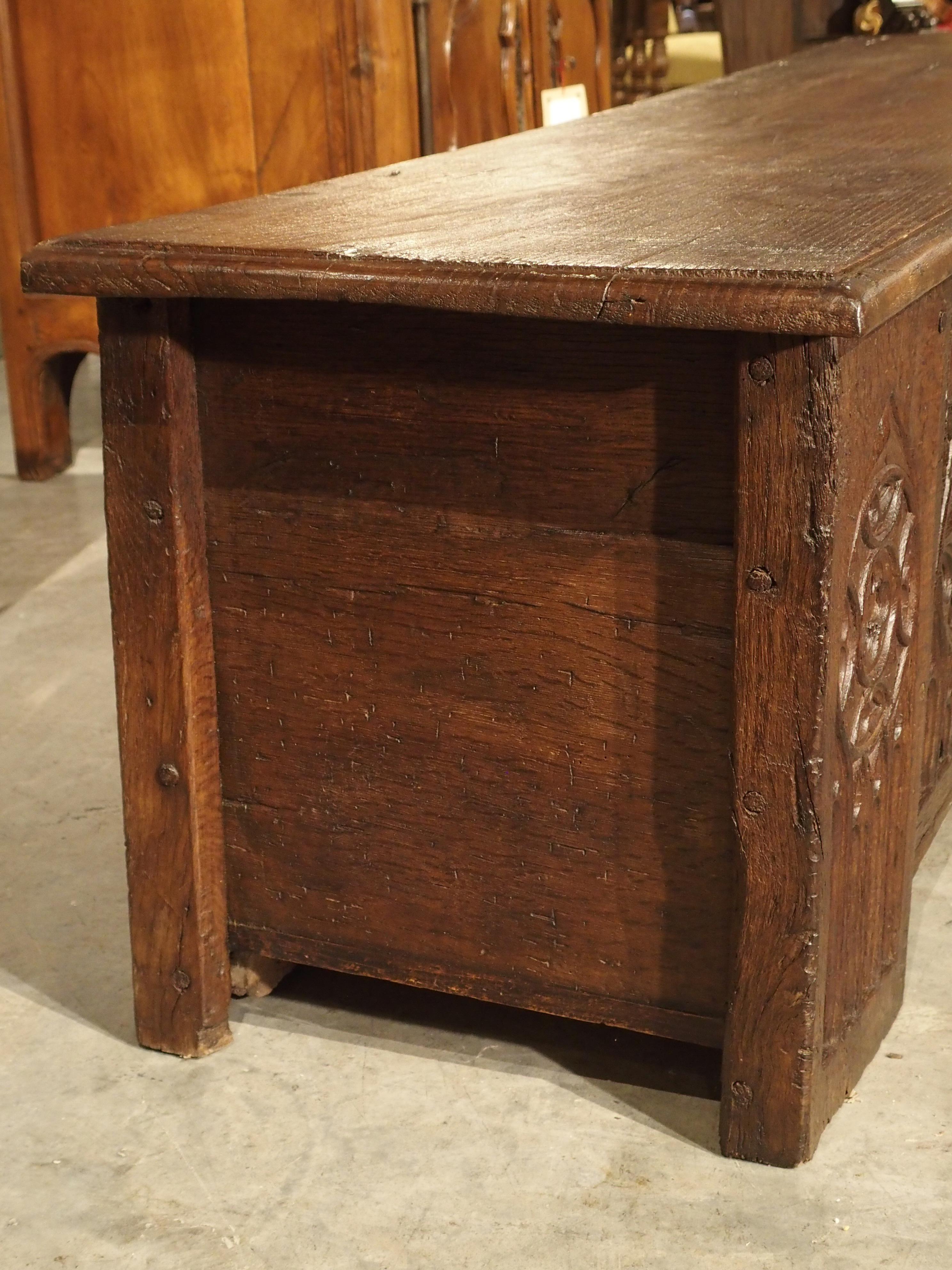 19th Century Long circa 1800 Gothic Style Oak Board Trunk from France For Sale