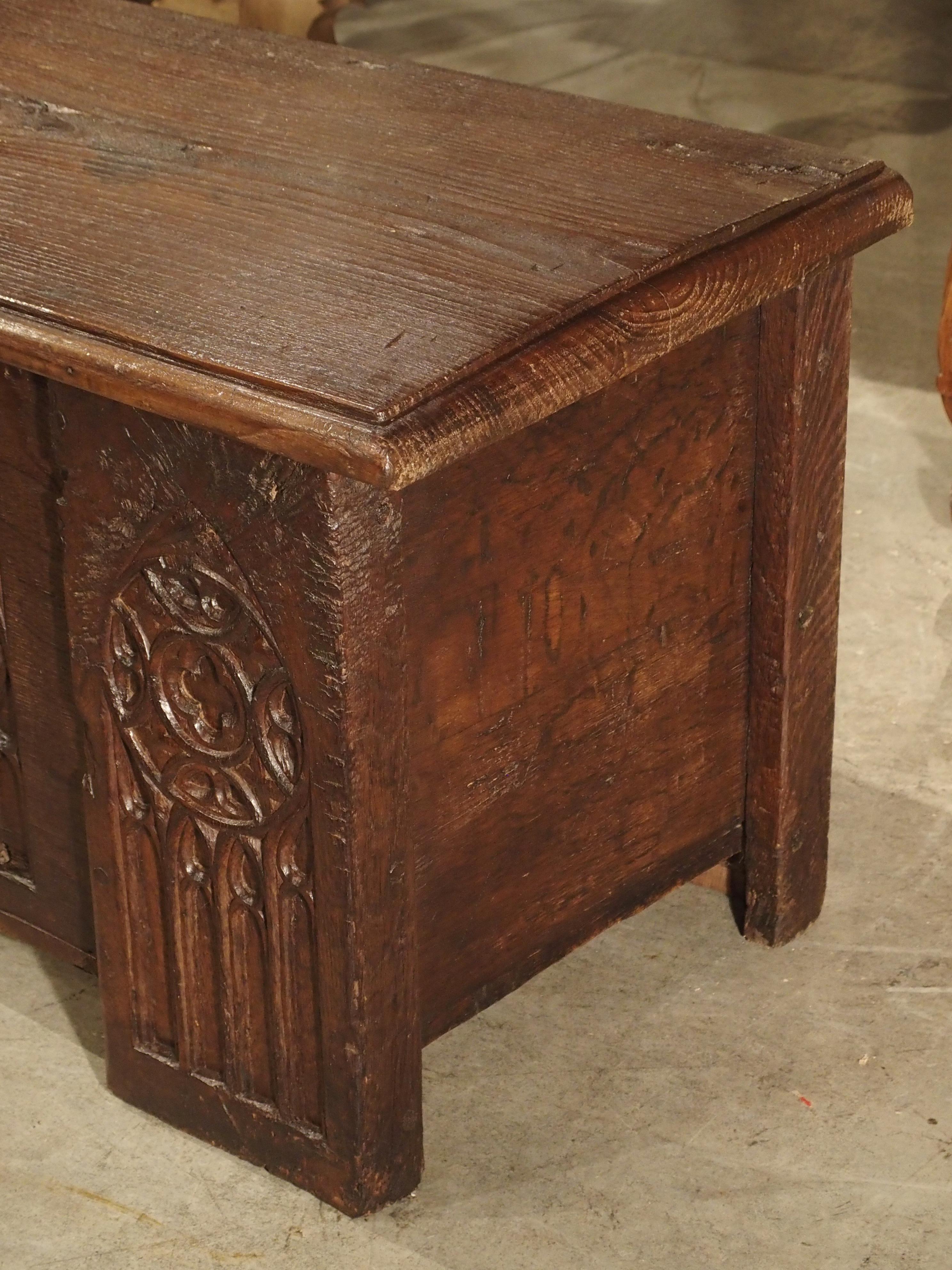 Long circa 1800 Gothic Style Oak Board Trunk from France For Sale 1