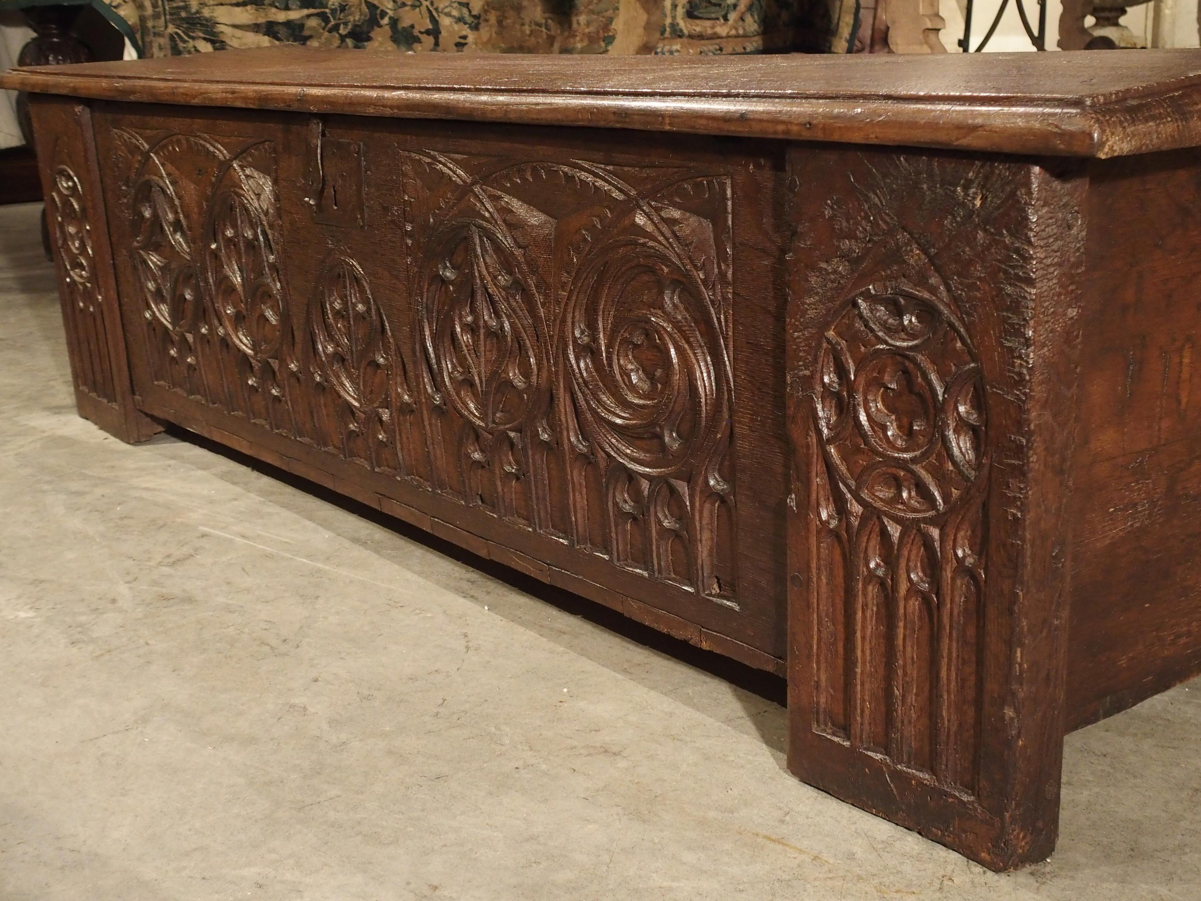 Long circa 1800 Gothic Style Oak Board Trunk from France For Sale 2