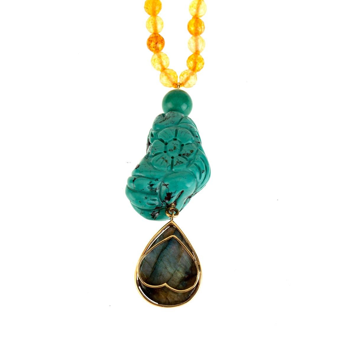 Women's or Men's Long Citrine and Turquoise Necklace For Sale