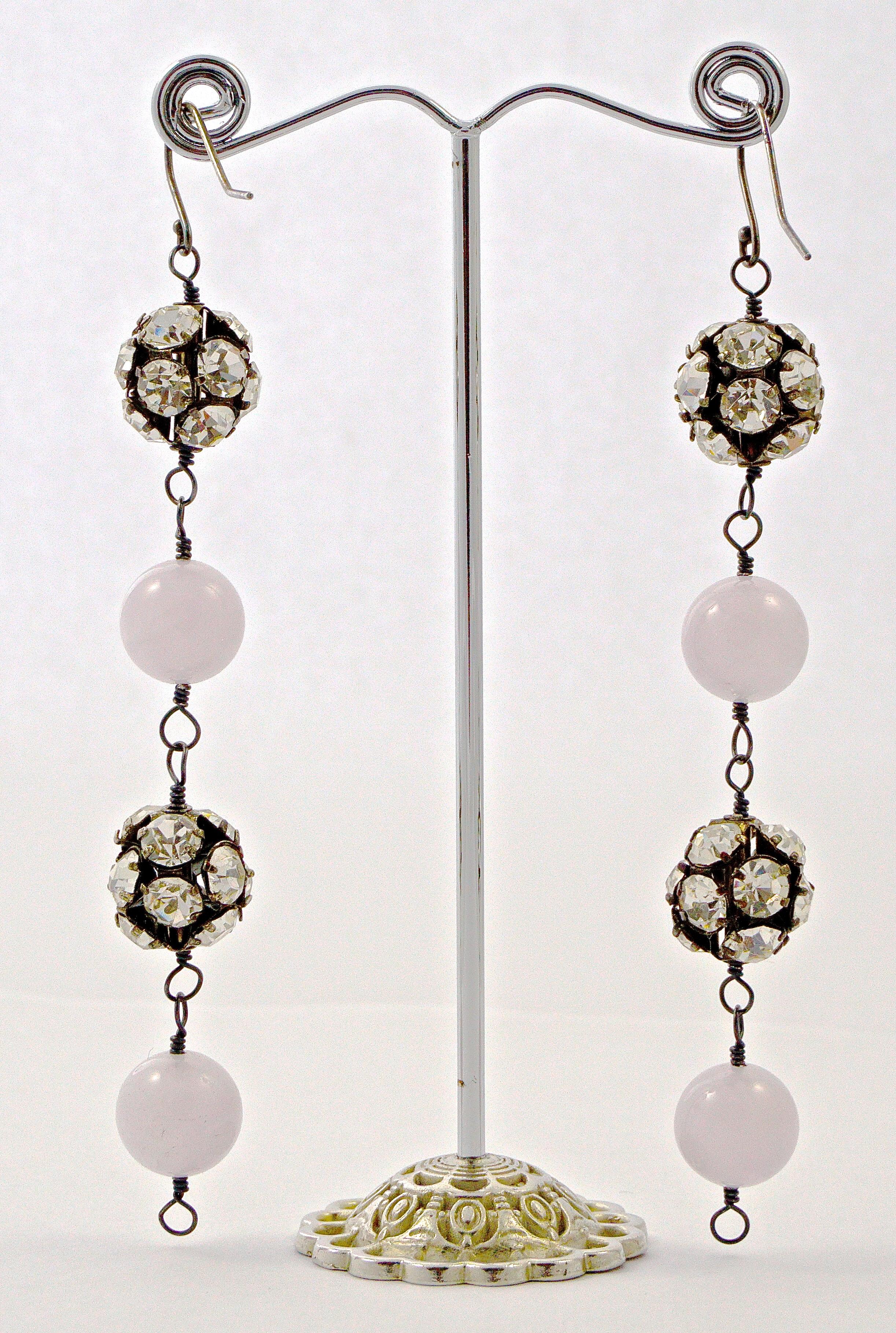 Silver and Rhinestone Ball Pale Lavender Semi Precious Gemstone Drop Earrings In Good Condition For Sale In London, GB