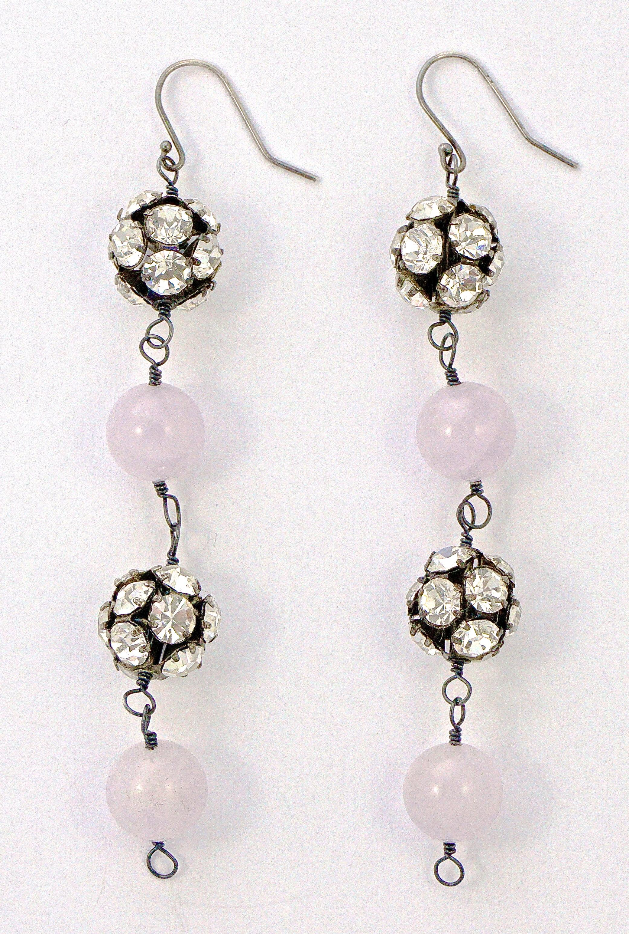 Women's or Men's Silver and Rhinestone Ball Pale Lavender Semi Precious Gemstone Drop Earrings For Sale