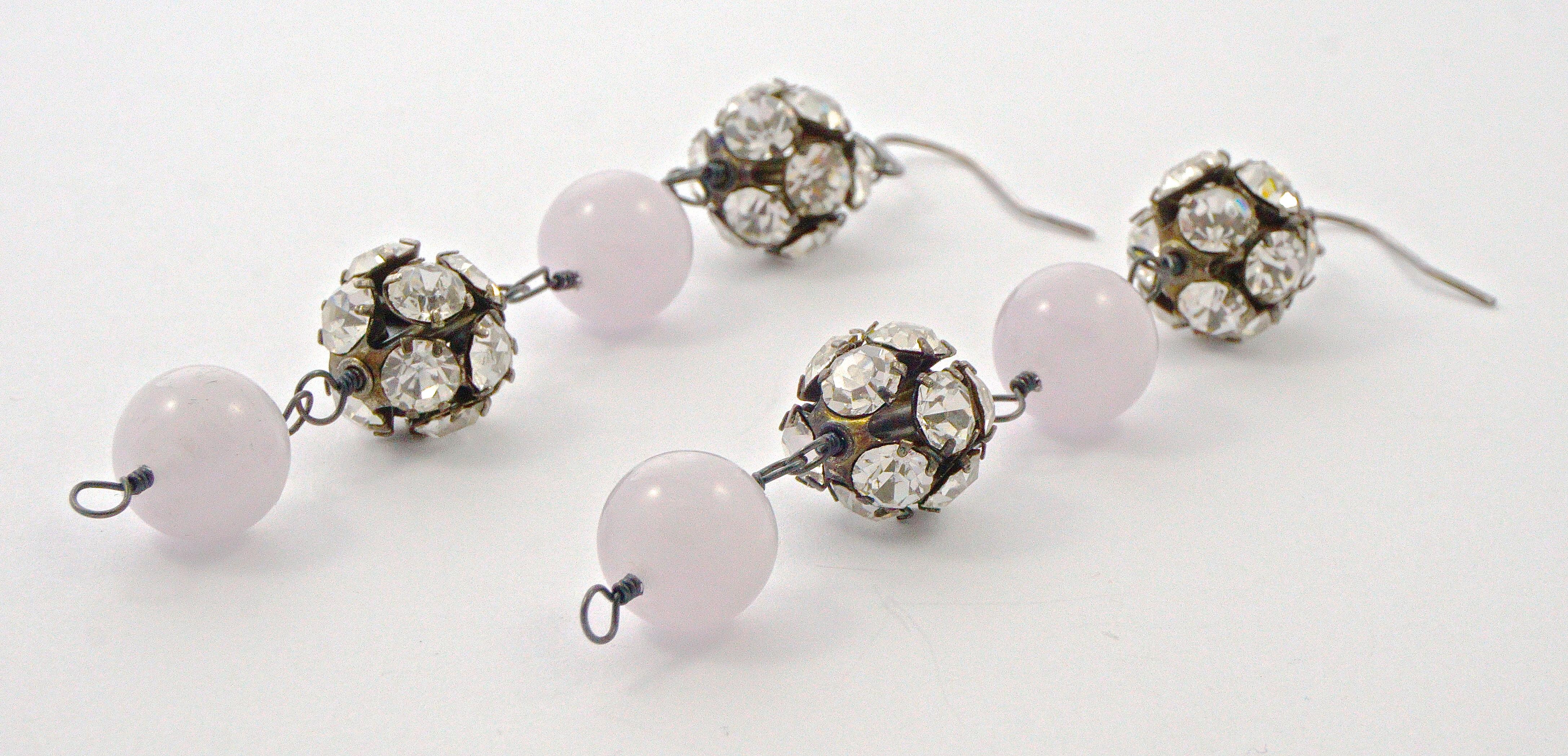 Silver and Rhinestone Ball Pale Lavender Semi Precious Gemstone Drop Earrings For Sale 1
