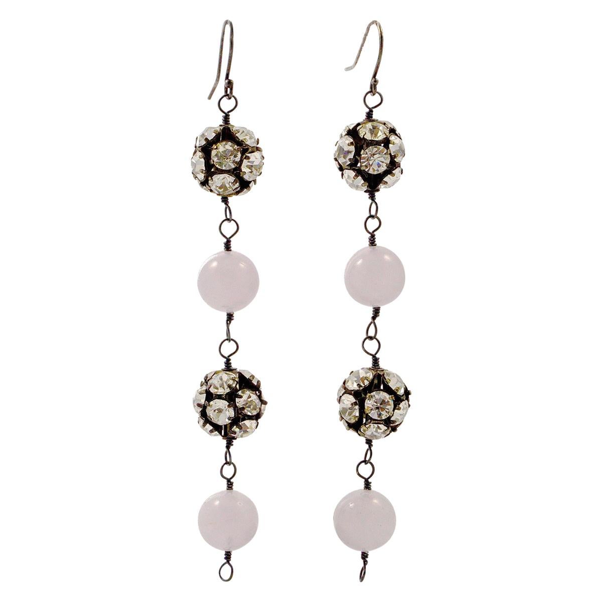 Silver and Rhinestone Ball Pale Lavender Semi Precious Gemstone Drop Earrings For Sale