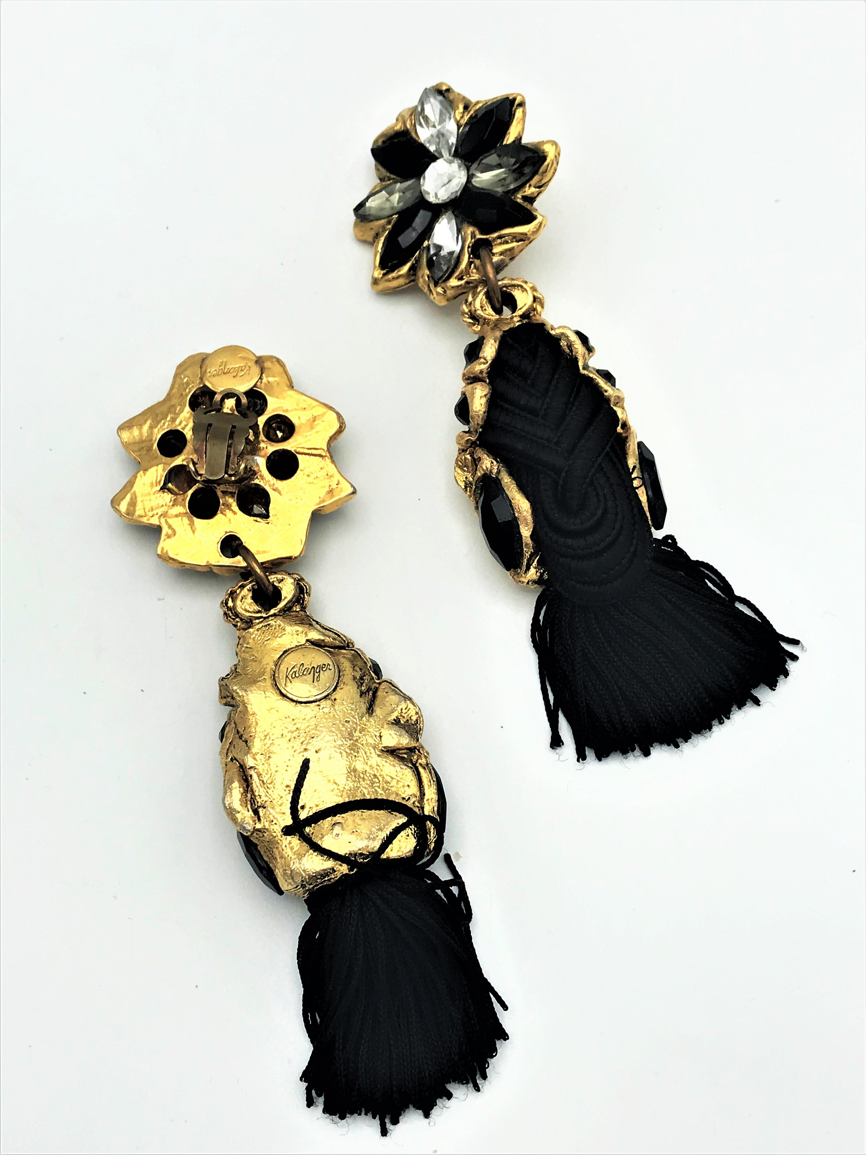 Long Clip-on-Ohrring von Kalinger Paris, schwarzer und klarer Strass, mit Besatz (Ovalschliff) im Angebot