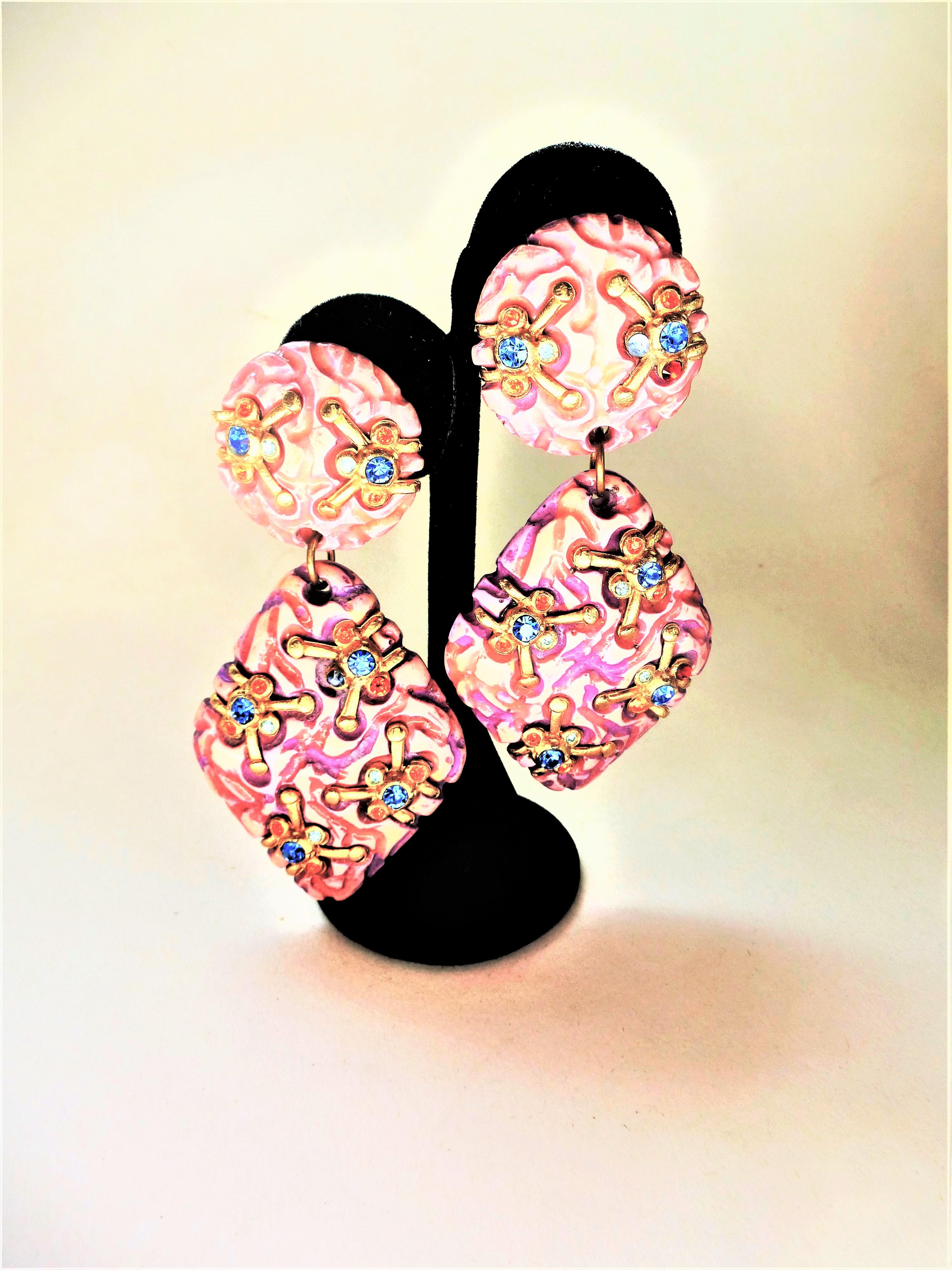 Women's Long  Clip-on earrings by JACKY de G made in France, Resin, 1980s