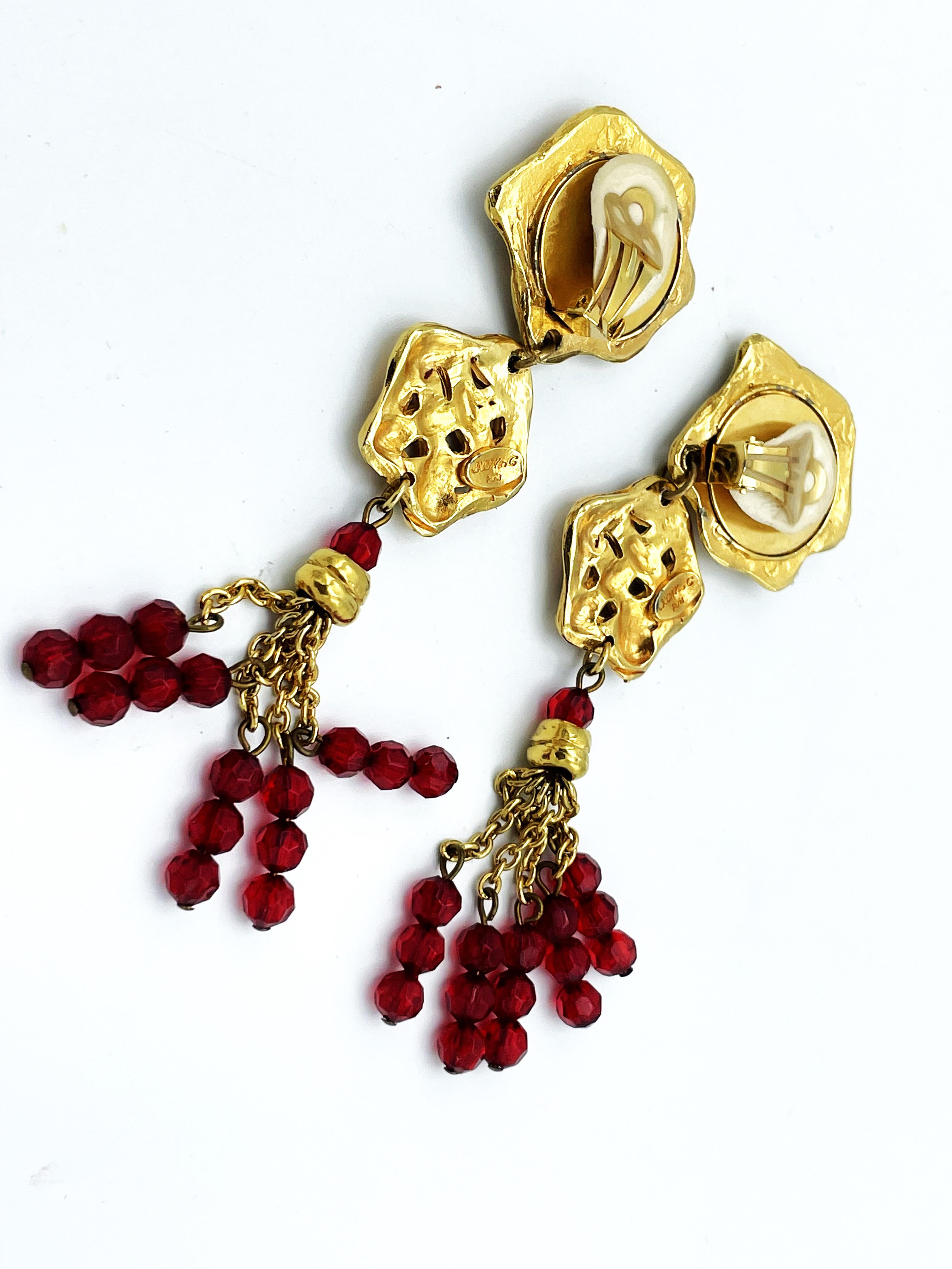 Long Clip-one earing by JACKY de G Paris, gold plated, red rhinestons For Sale 4