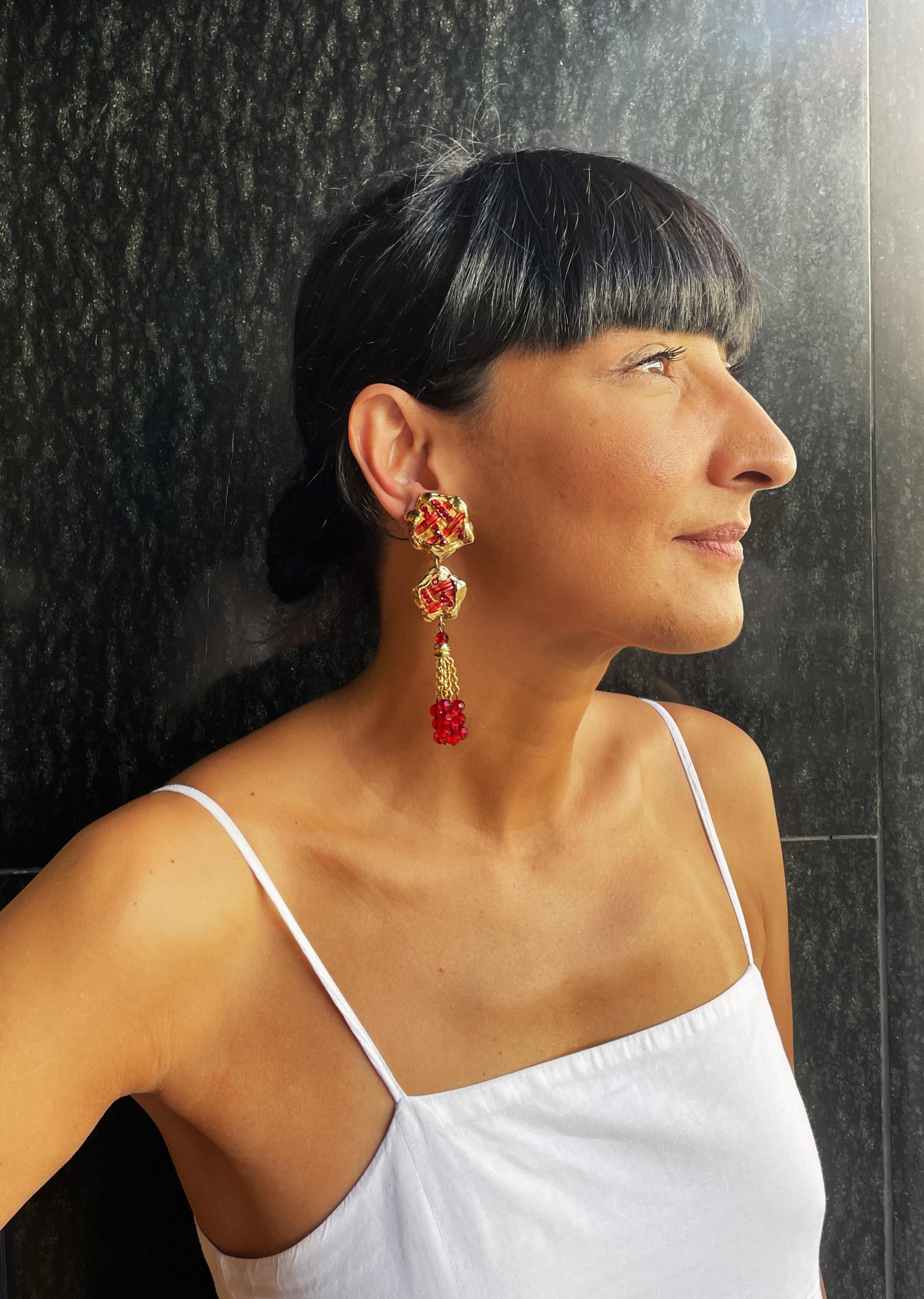 Long Clip-one earing by JACKY de G Paris, gold plated, red rhinestons For Sale 5