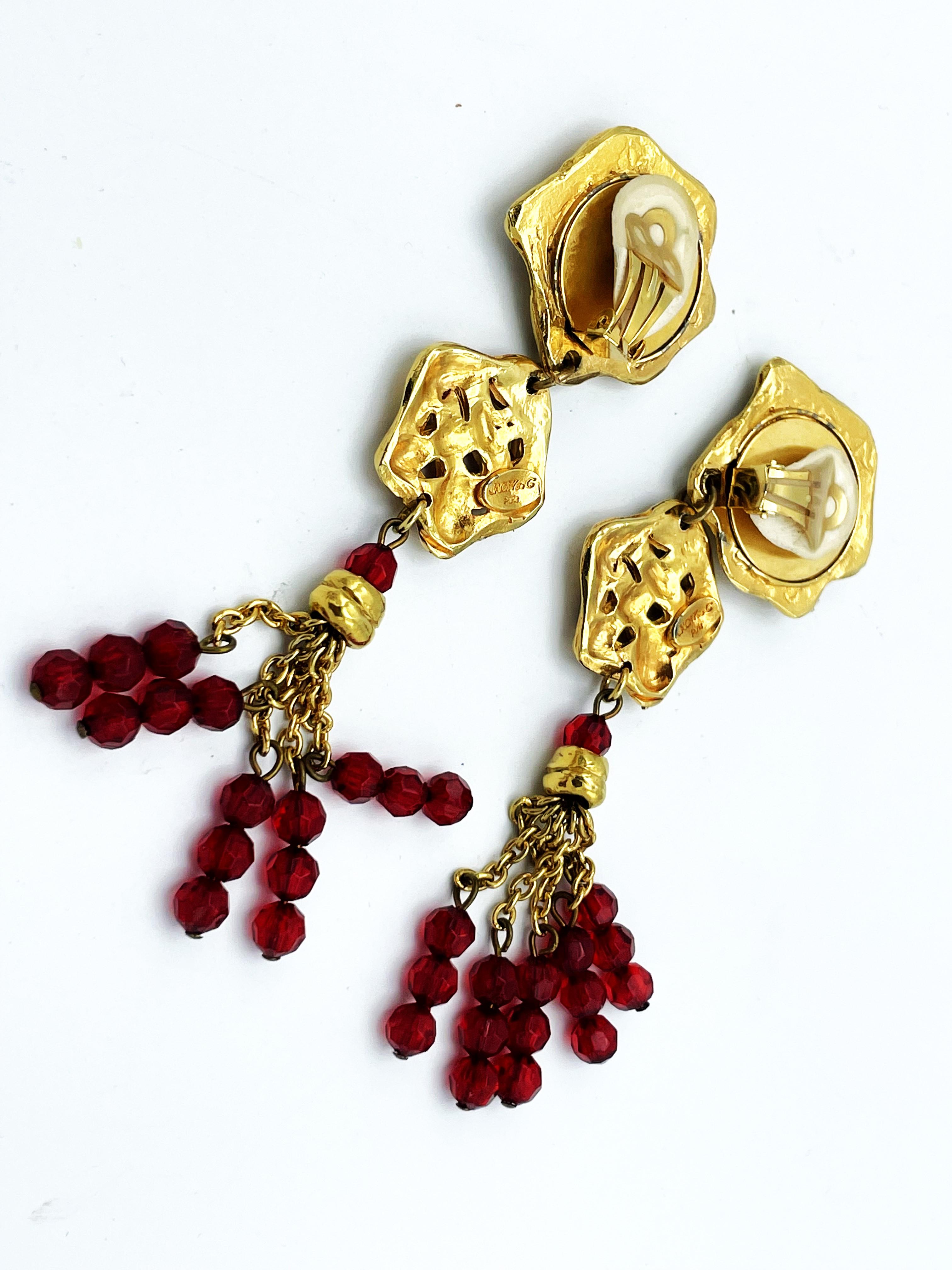 Modern Long Clip-one earing by JACKY de G Paris, gold plated, red rhinestons For Sale