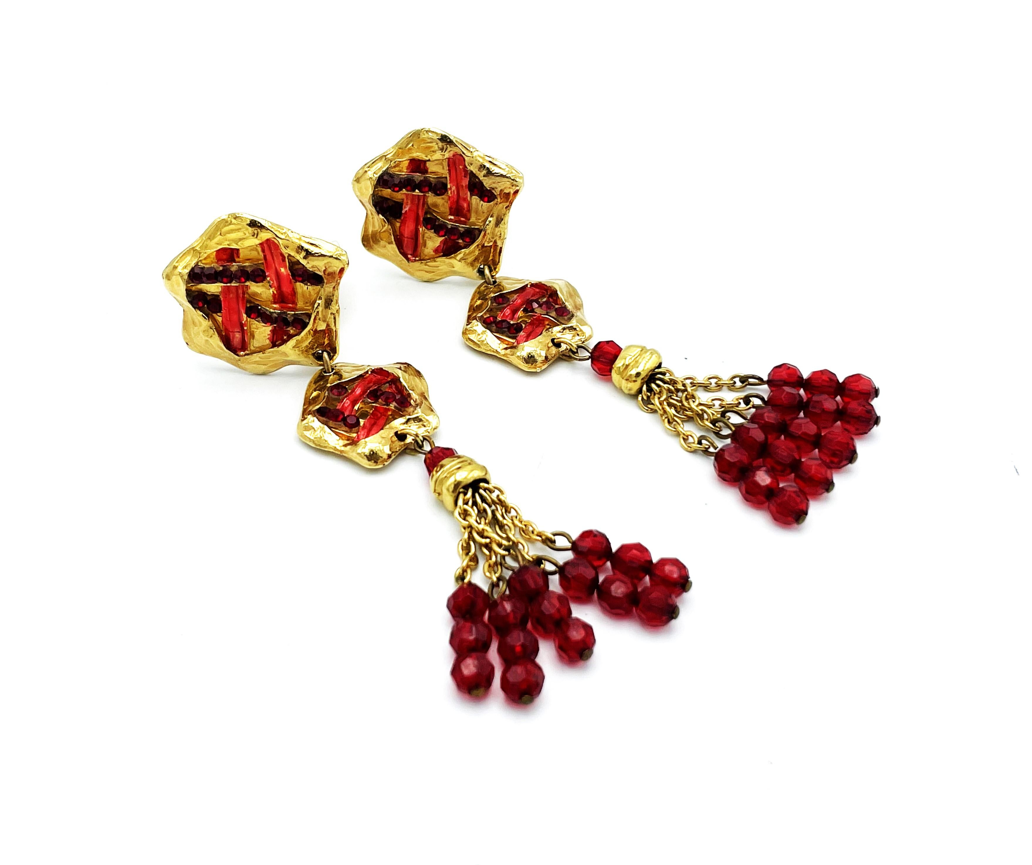 Women's Long Clip-one earing by JACKY de G Paris, gold plated, red rhinestons For Sale