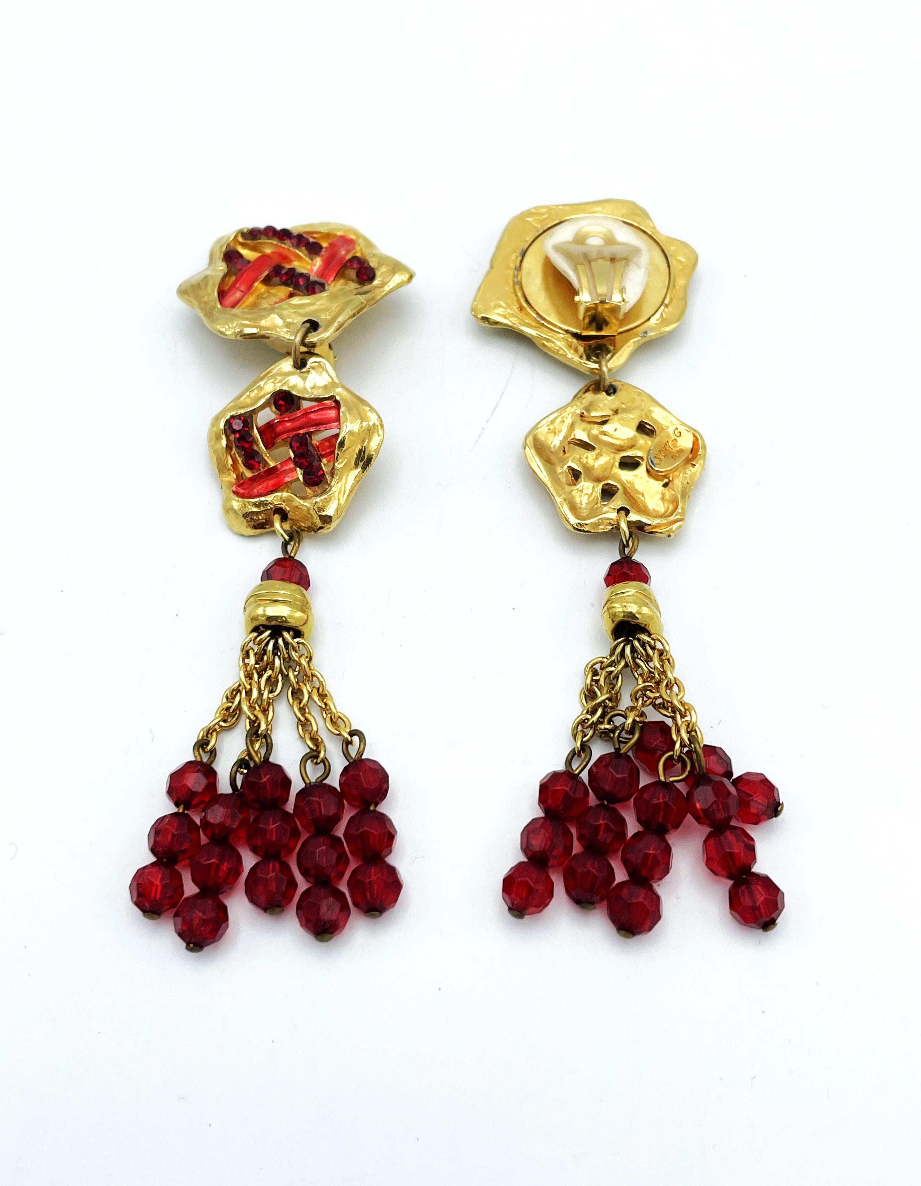 Long Clip-one earing by JACKY de G Paris, gold plated, red rhinestons For Sale 2