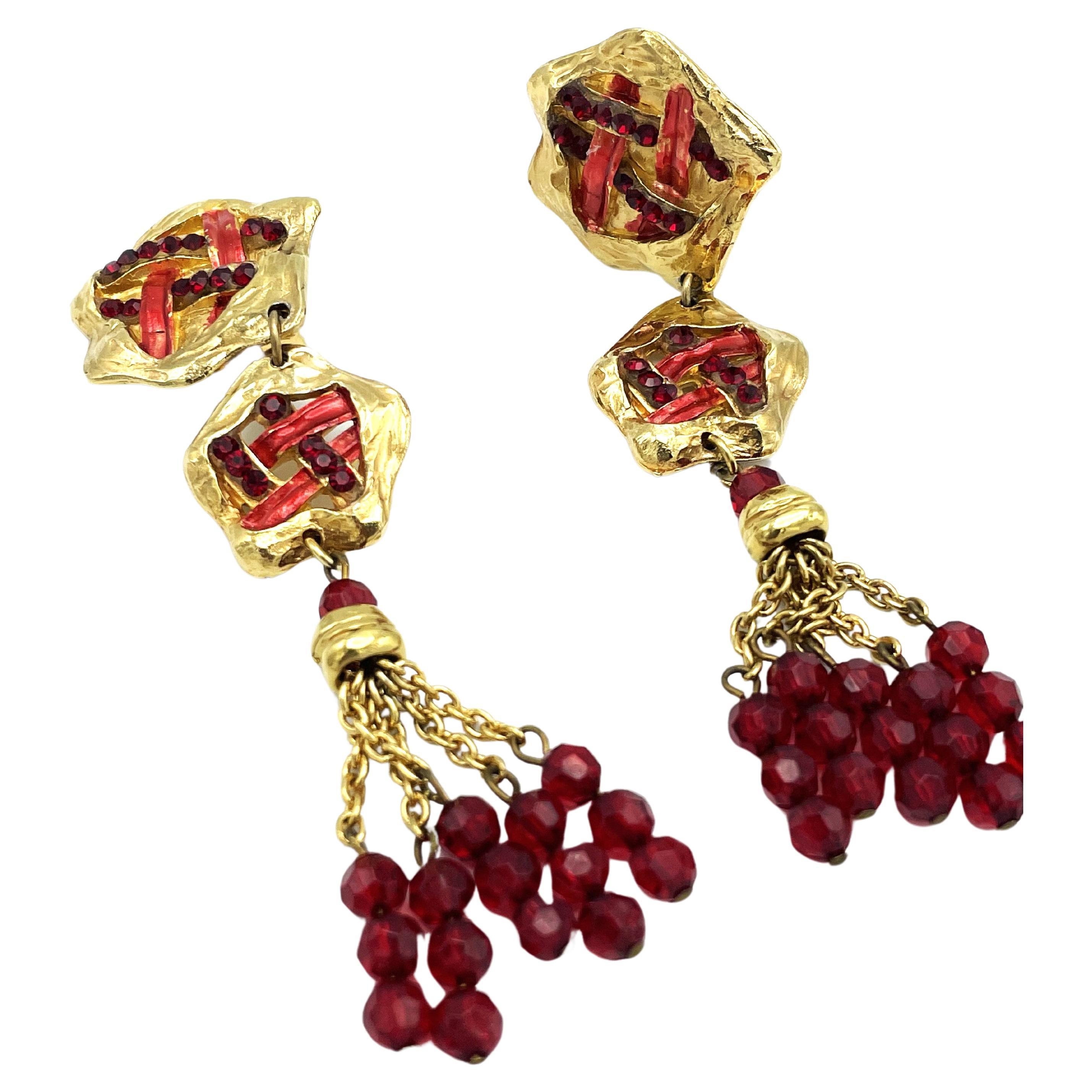 Long Clip-one earing by JACKY de G Paris, gold plated, red rhinestons For Sale