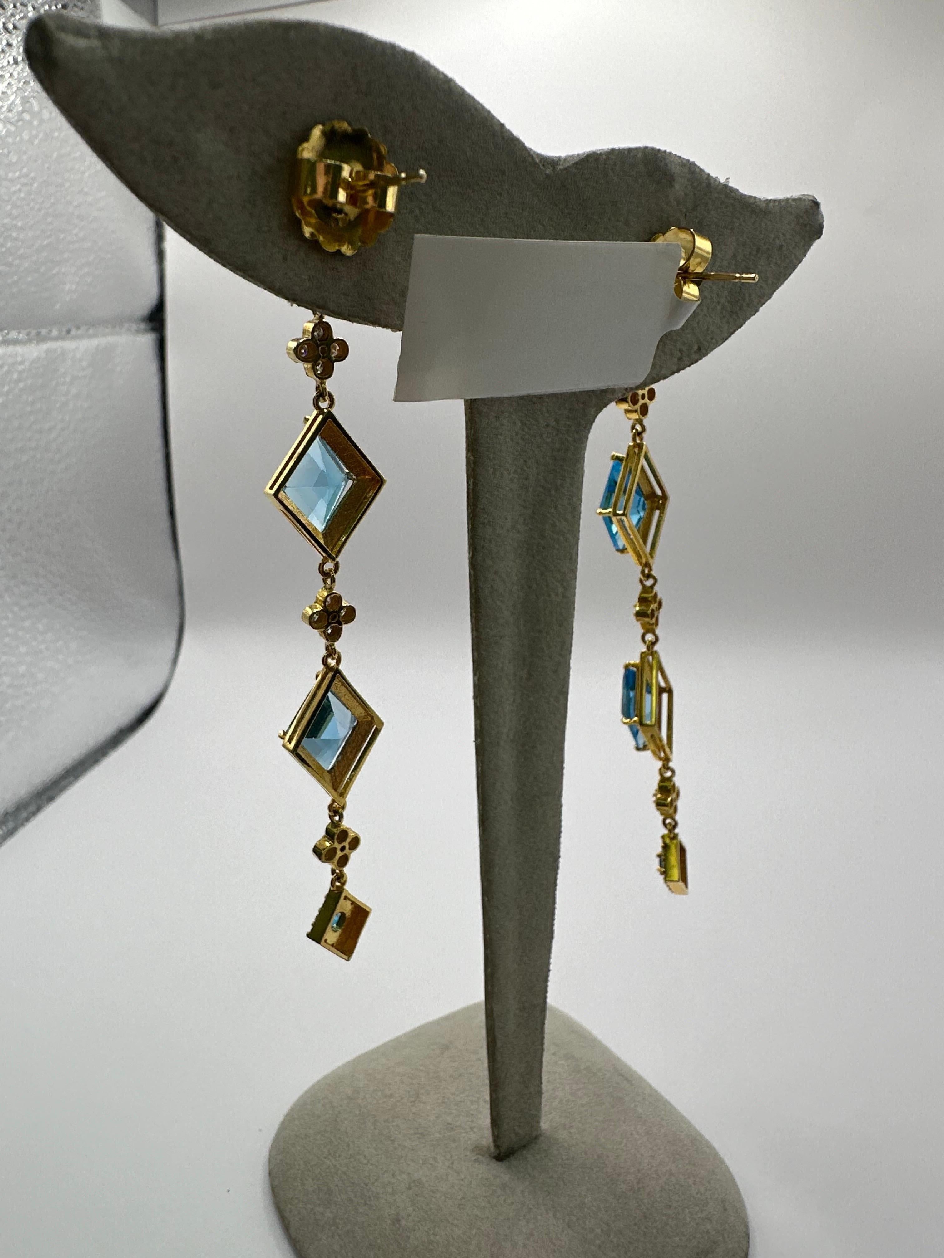 Round Cut Long cocktail earrings Blue topaz & Diamonds 18KT gold For Sale
