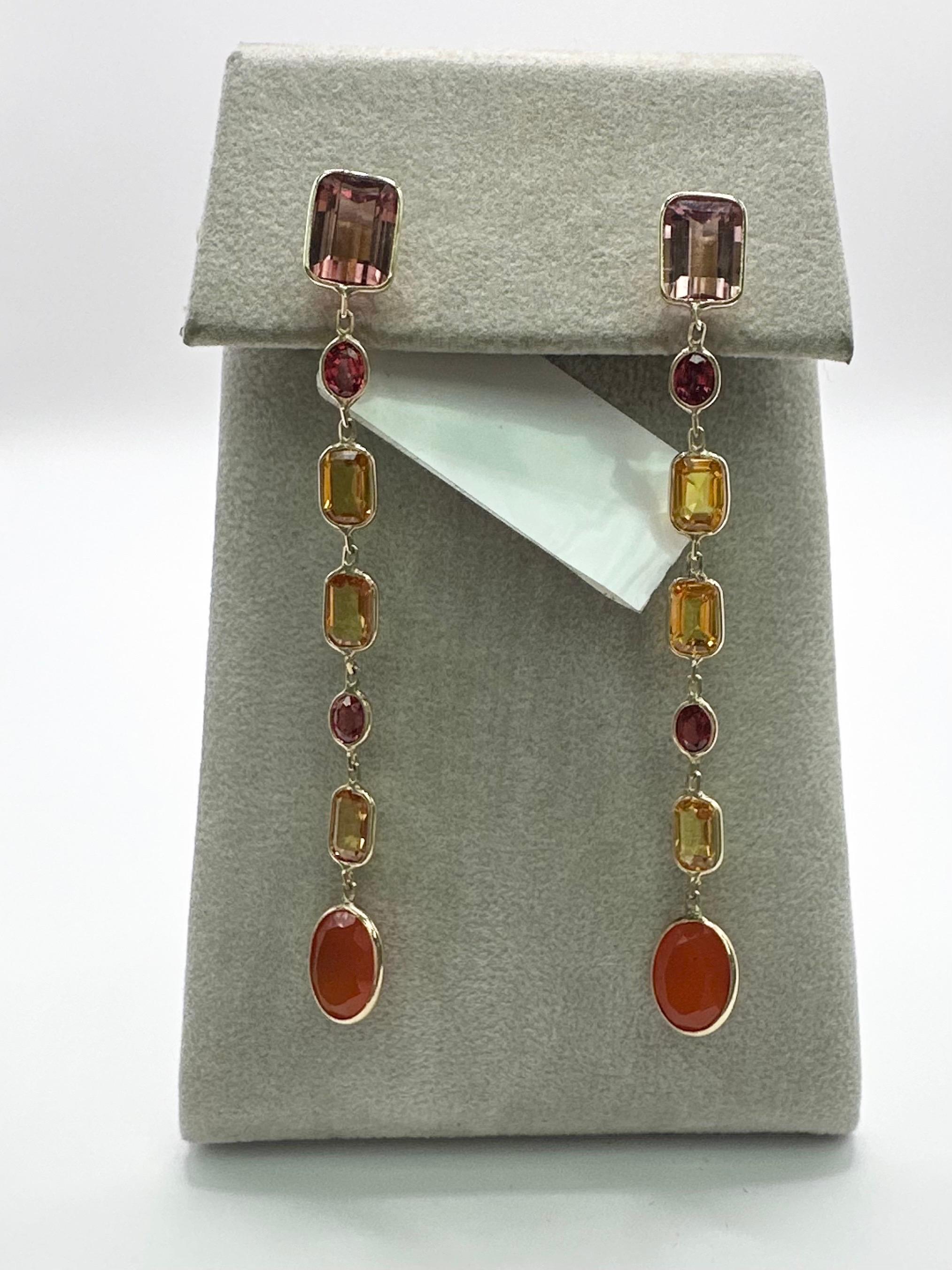Long cocktail gemstone earrings 14KT gold In New Condition For Sale In Boca Raton, FL