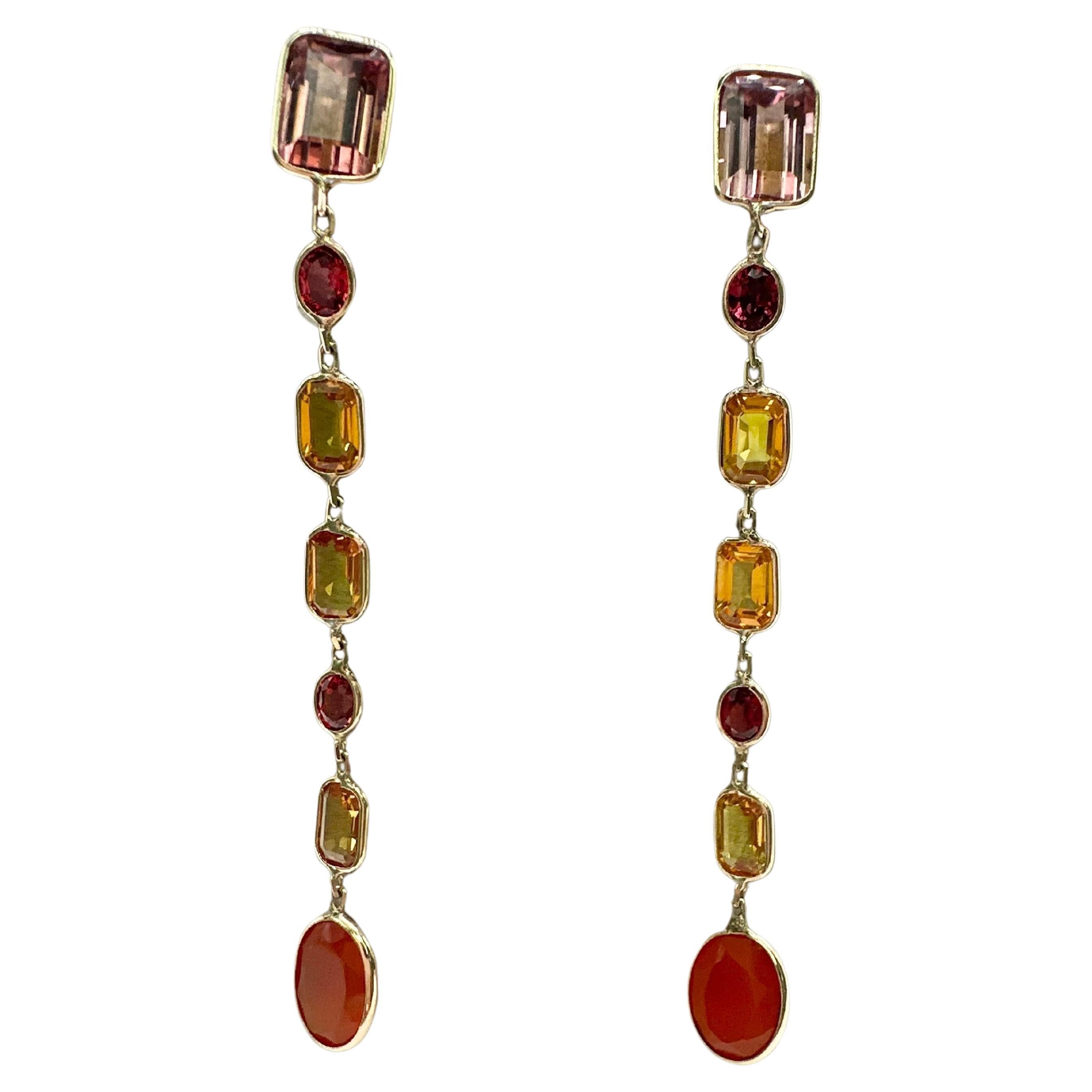 Long cocktail gemstone earrings 14KT gold For Sale