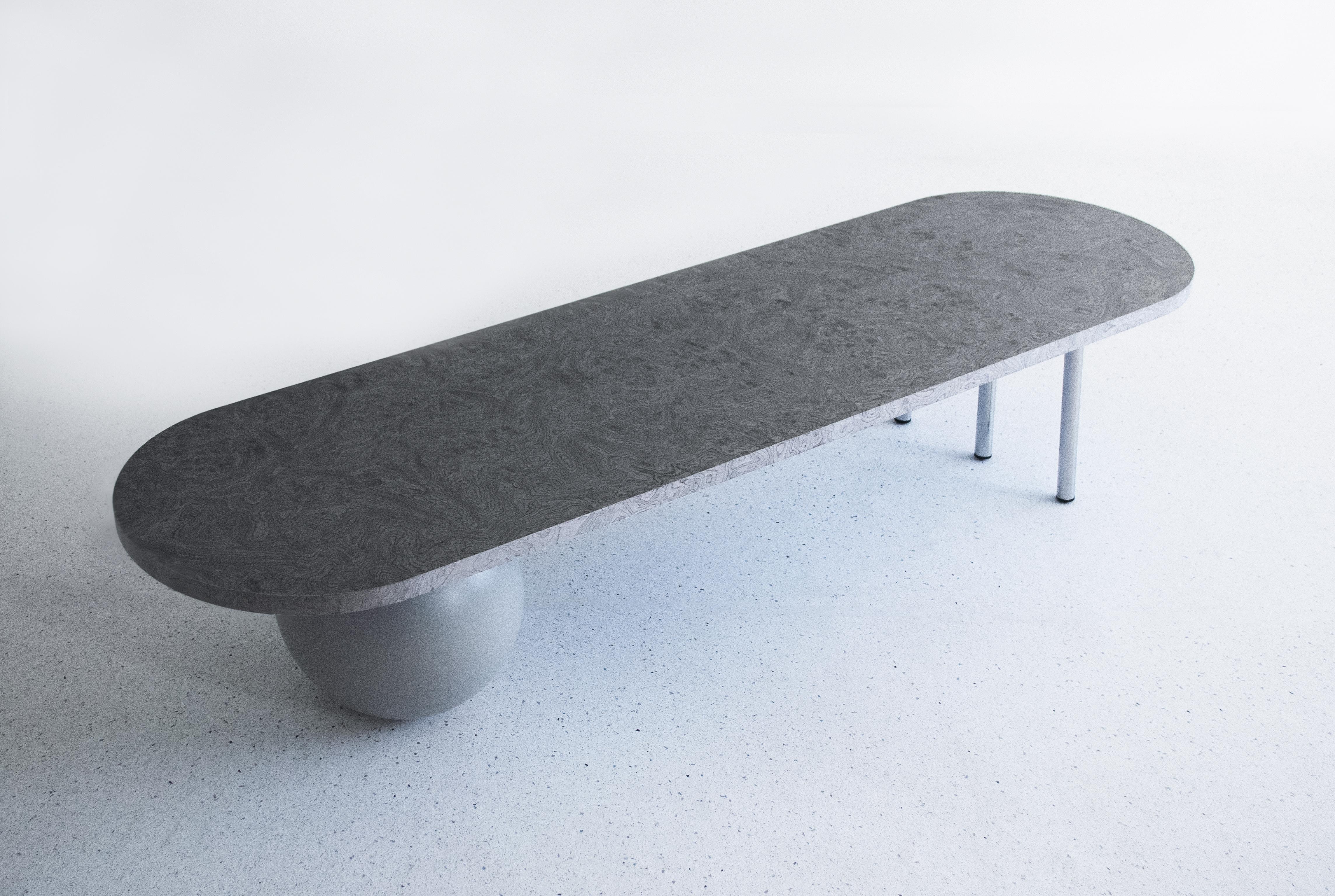 Contemporary Long Coffee Table in Silver Veneer, Stainless Steel Pipes, Grey Sphere For Sale