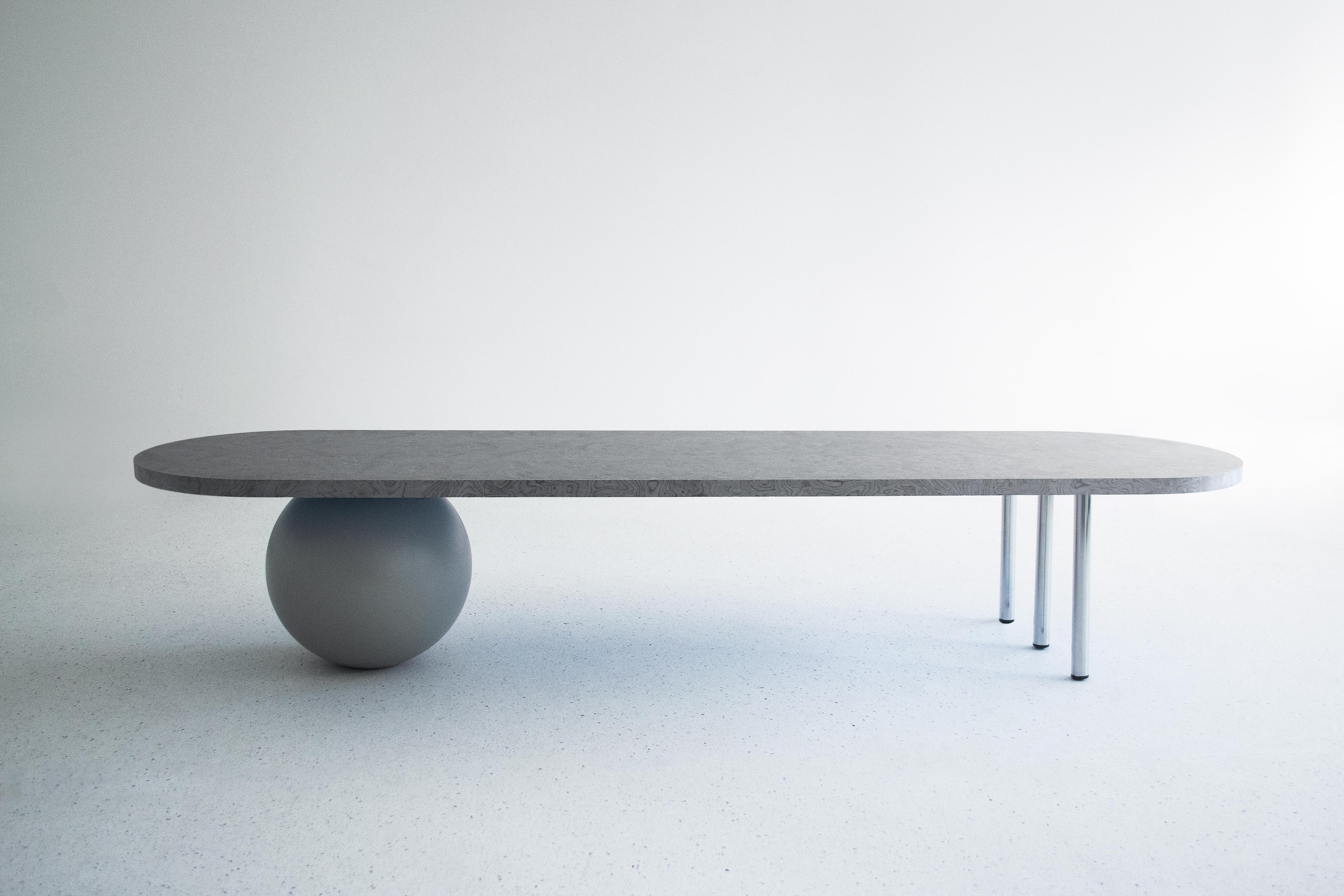 Long Coffee Table in Silver Veneer, Stainless Steel Pipes, Grey Sphere For Sale 1