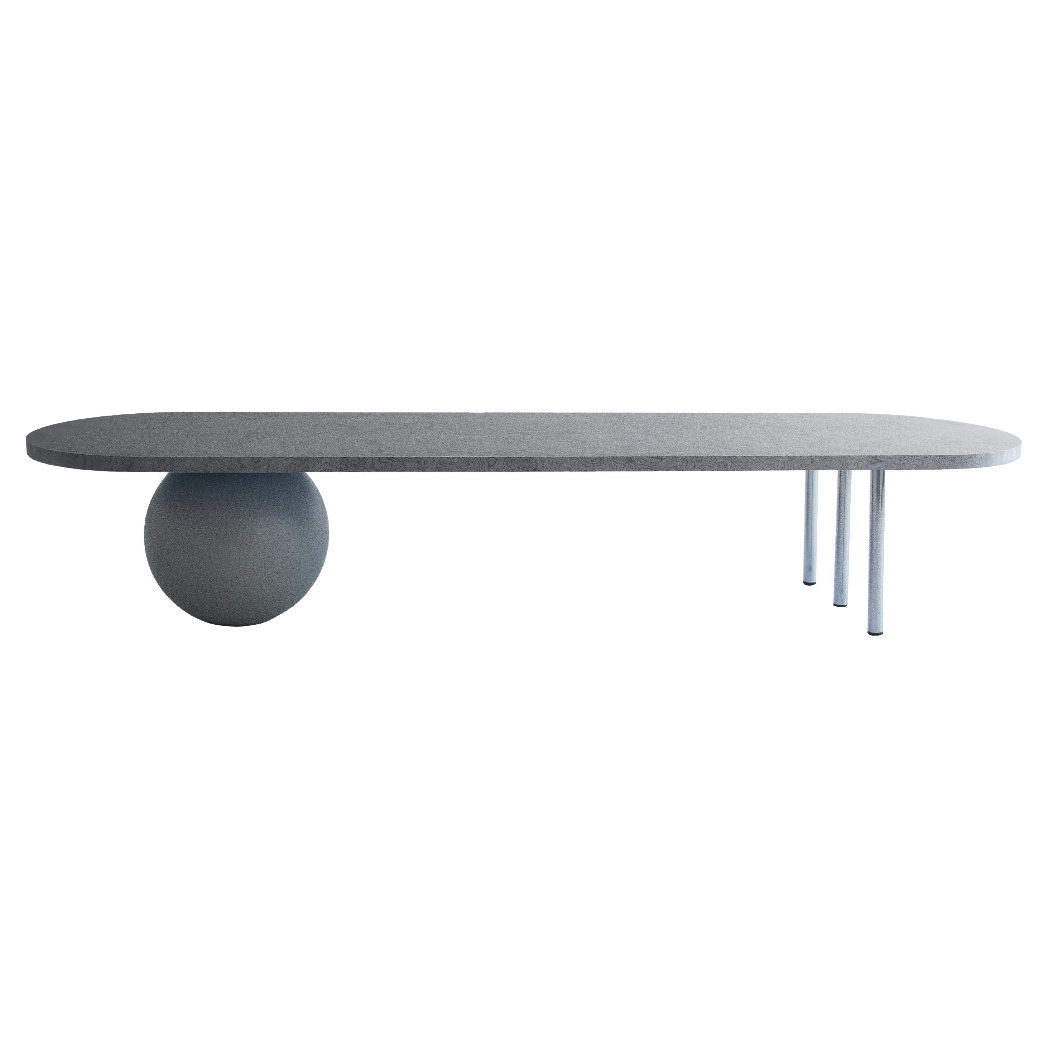 Long Coffee Table in Silver Veneer, Stainless Steel Pipes, Grey Sphere