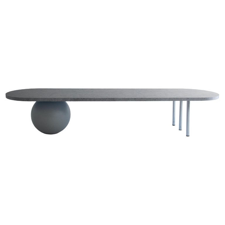 Long Coffee Table in Silver Veneer, Stainless Steel Pipes, Grey Sphere For Sale