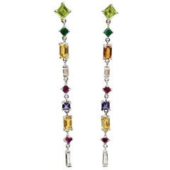 Long Colored Stone and Diamond Dangling Earrings, 14 Karat White Gold