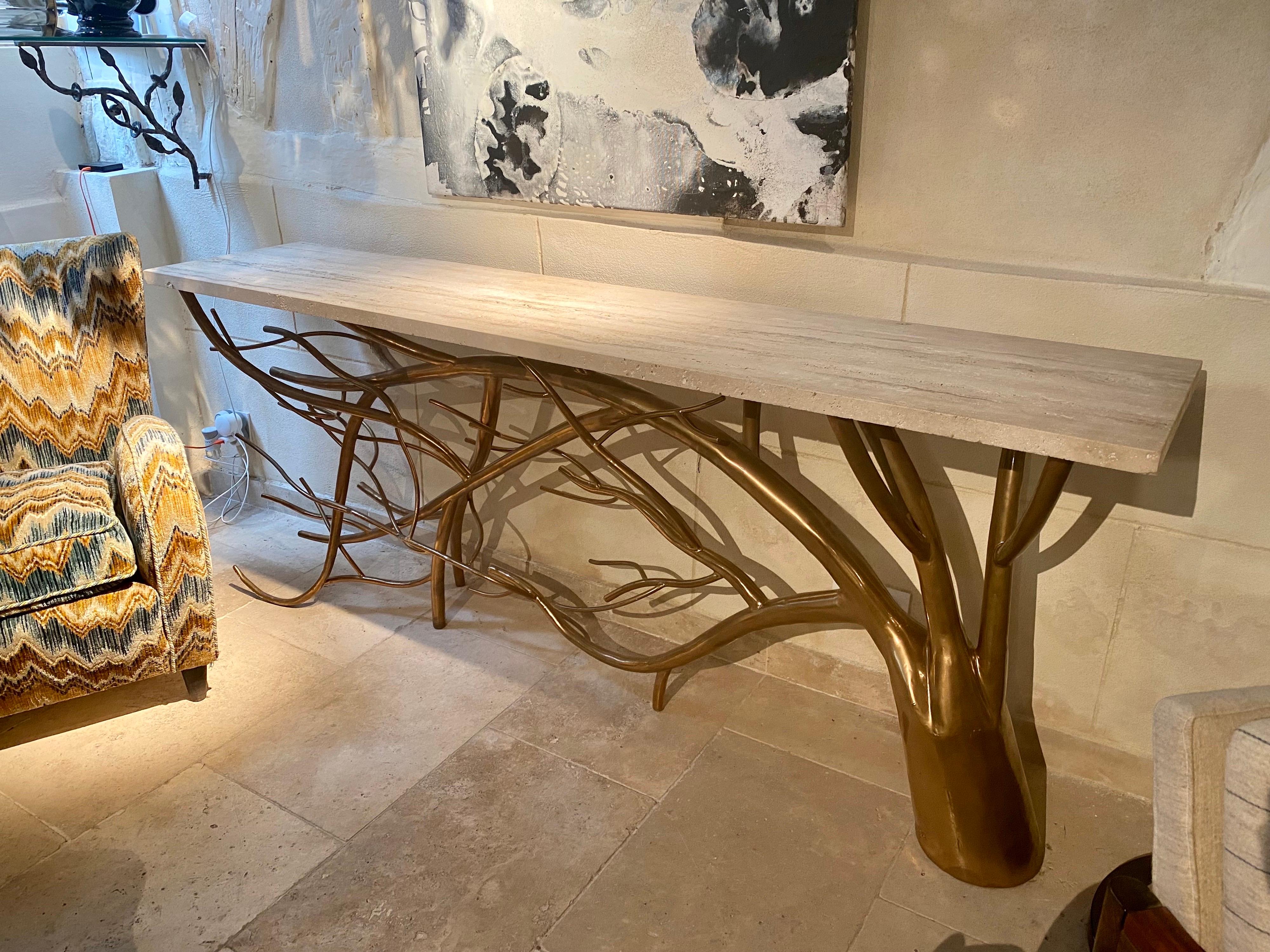 Long Console Table Branches with Travertine Top 2